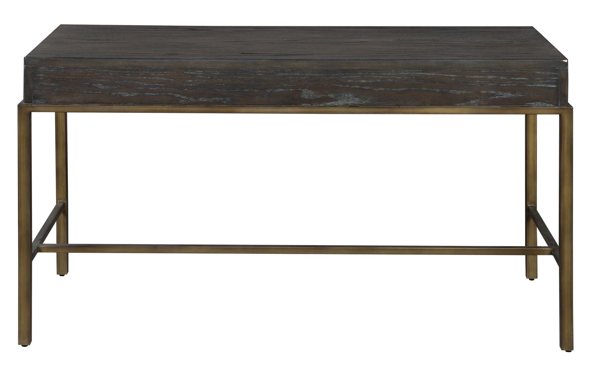 Writing desk with select solid wood and red oak veneers, three drawers, metal frame, antique brass finish, and Edgewater finish