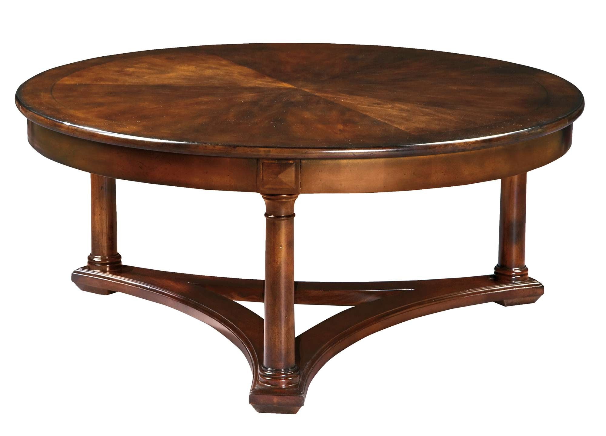 European Legacy coffee table with rustic American Cherry veneers, sunburst top, Macadamia finish, and lower shelf