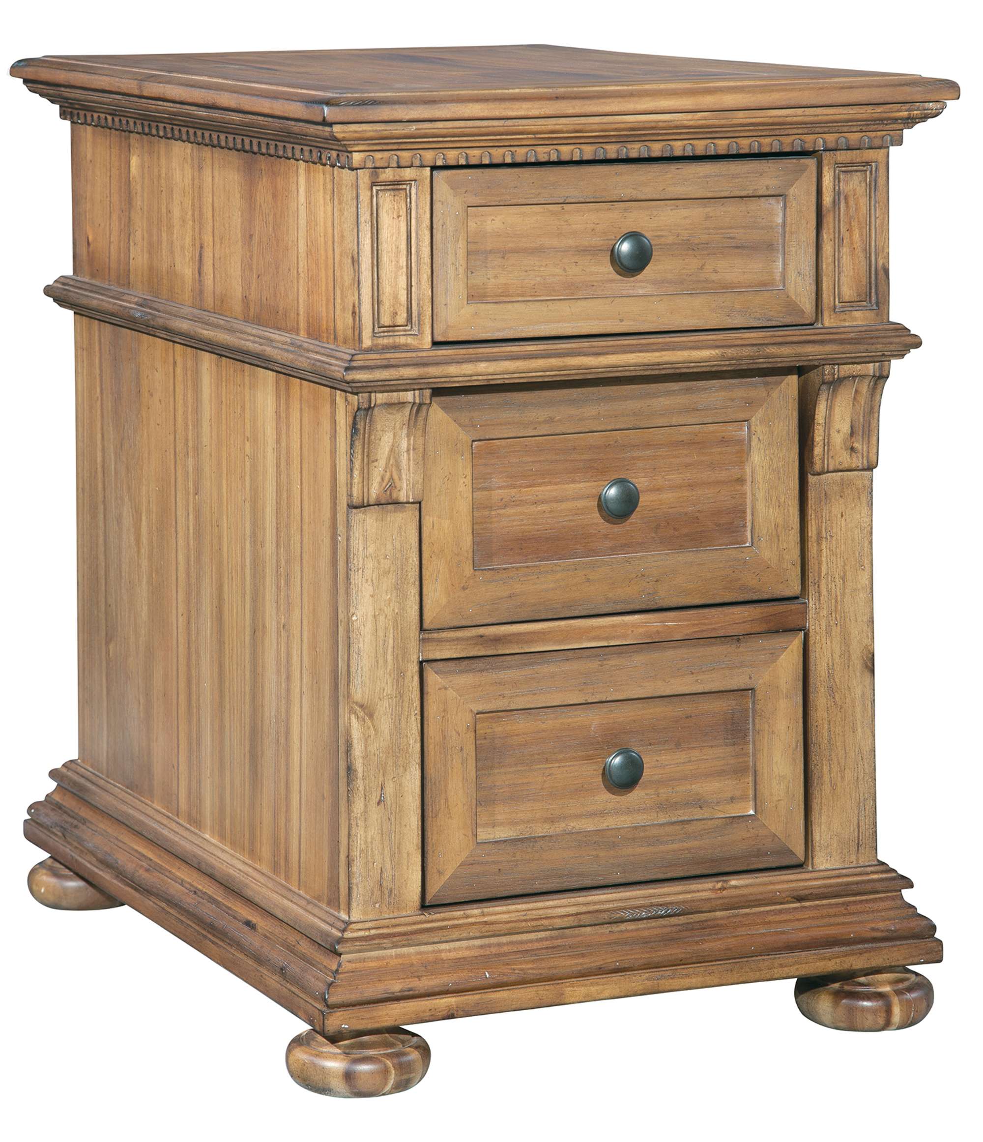 Wellington Hall chairside chest with acacia veneers and solids, three drawers, dentil molding, and rustic antique brass knobs