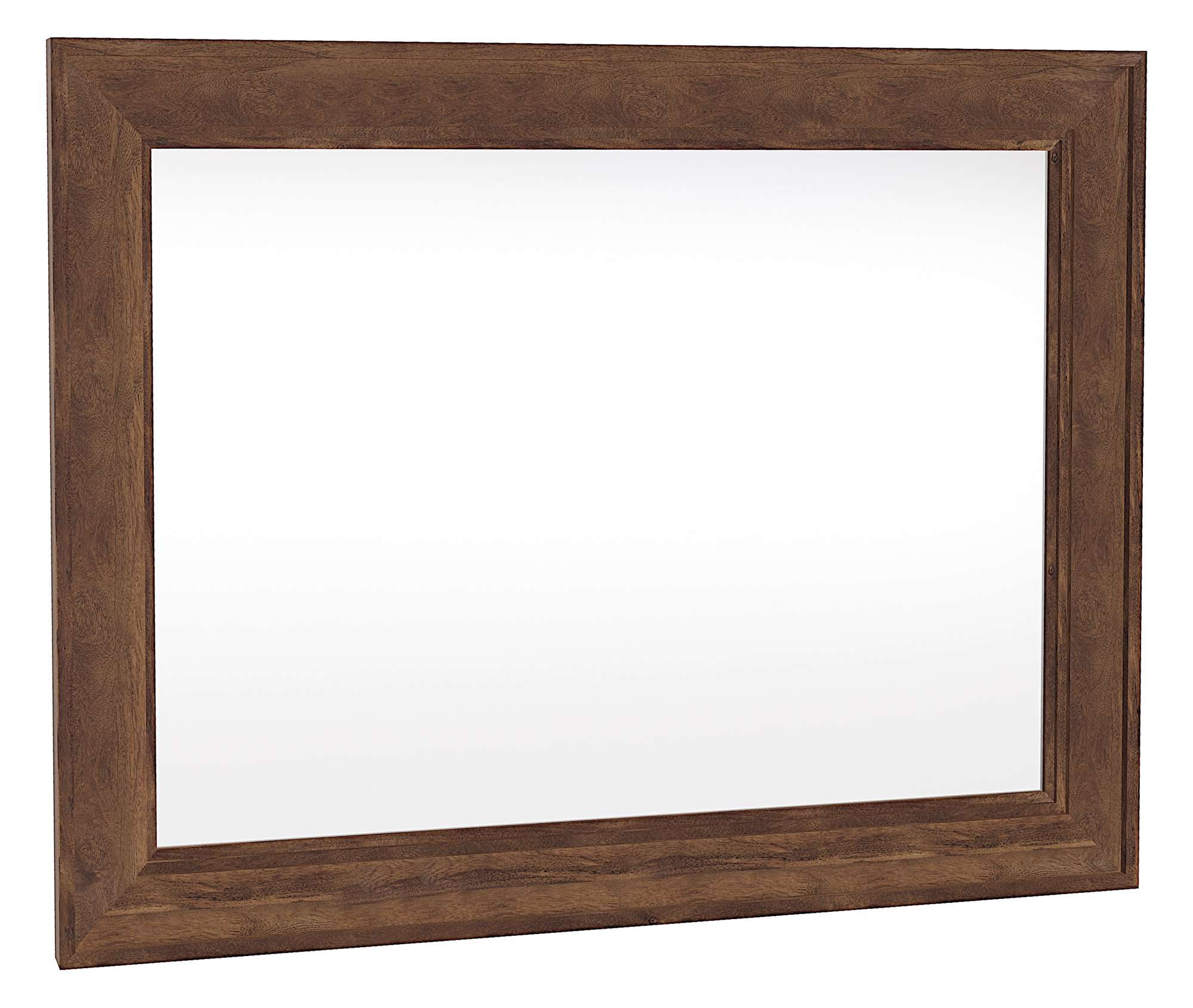Rectangular beveled glass mirror with solid mango wood frame in warm Bedford Tobacco finish