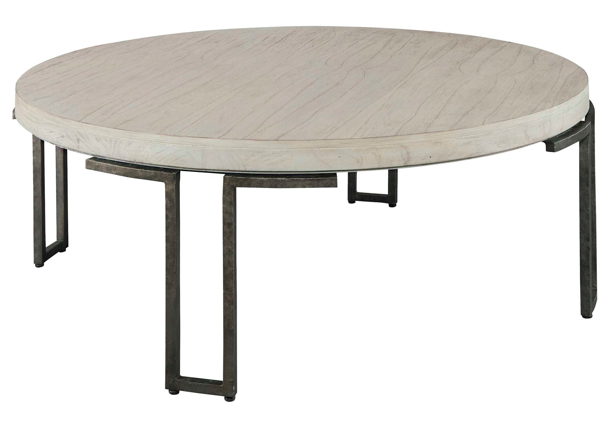 Sierra Heights coffee table with mindi veneer top, 2-1/4" slab, and hand-forged black iron square legs