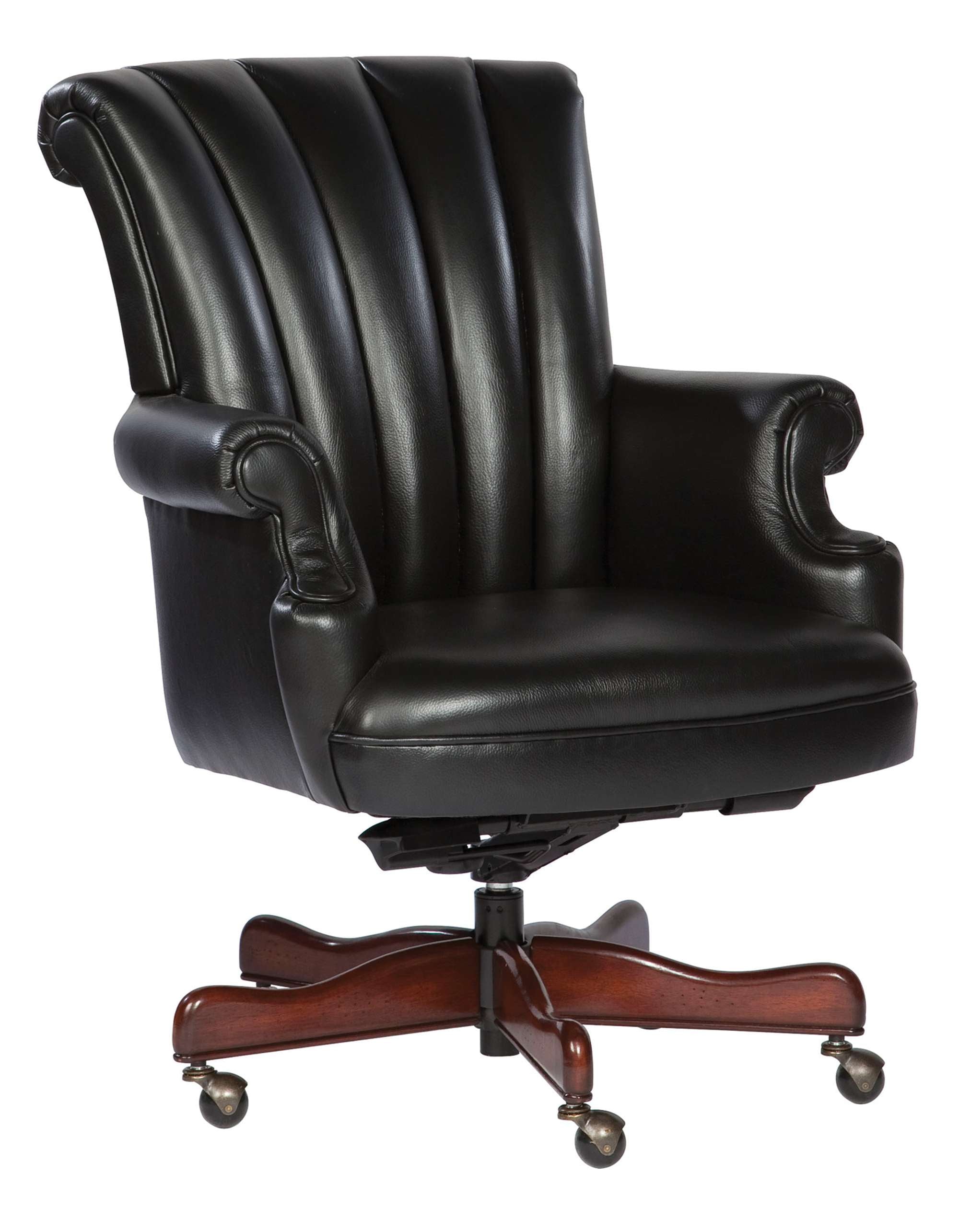 Executive office chair with genuine black leather upholstery, ribbed back, rolled arms, and five-point wood base with casters