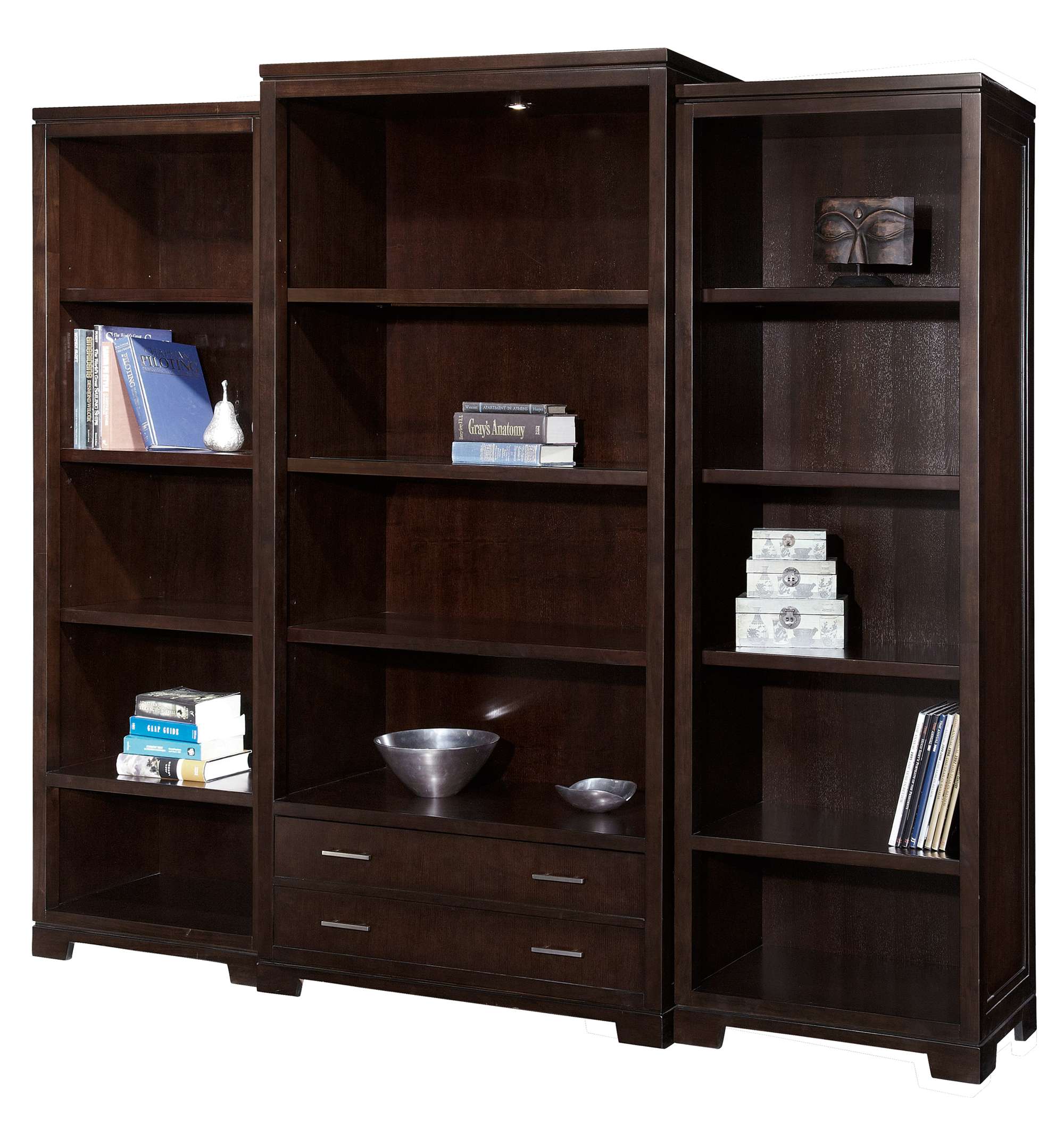 Mocha Executive Side Bookcase with ash solids and veneers, three adjustable shelves, one fixed shelf, and two drawers