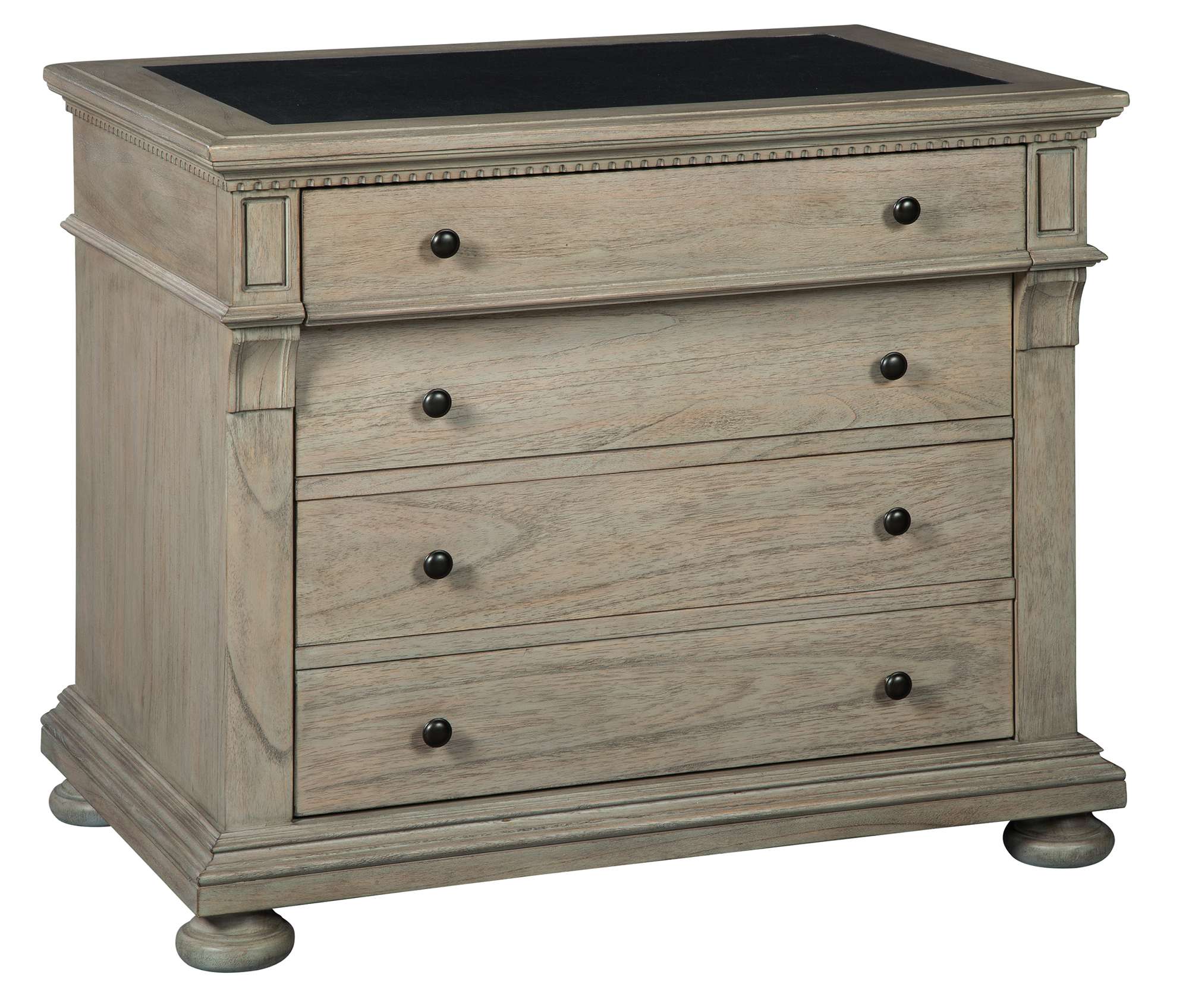 Wellington Estates Office Executive File Cabinet with mindi wood, leather top, locking drawer, and metal slide file drawers