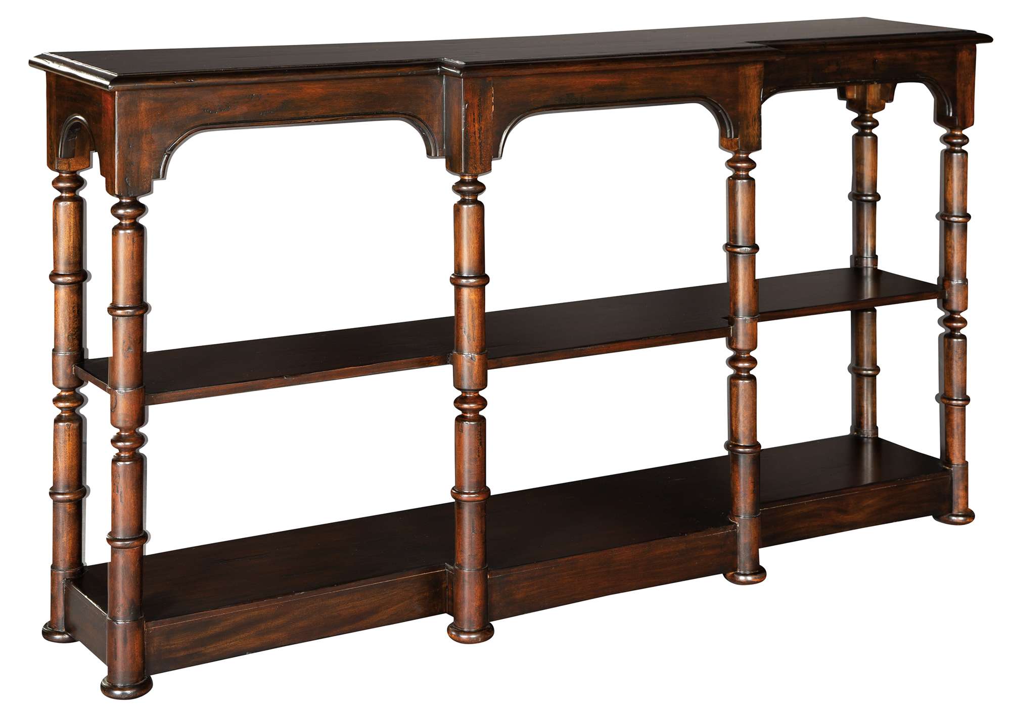 Sofa table with open console design, brown oiled mahogany finish, faux bamboo posts, two shelves, and breakfront shape