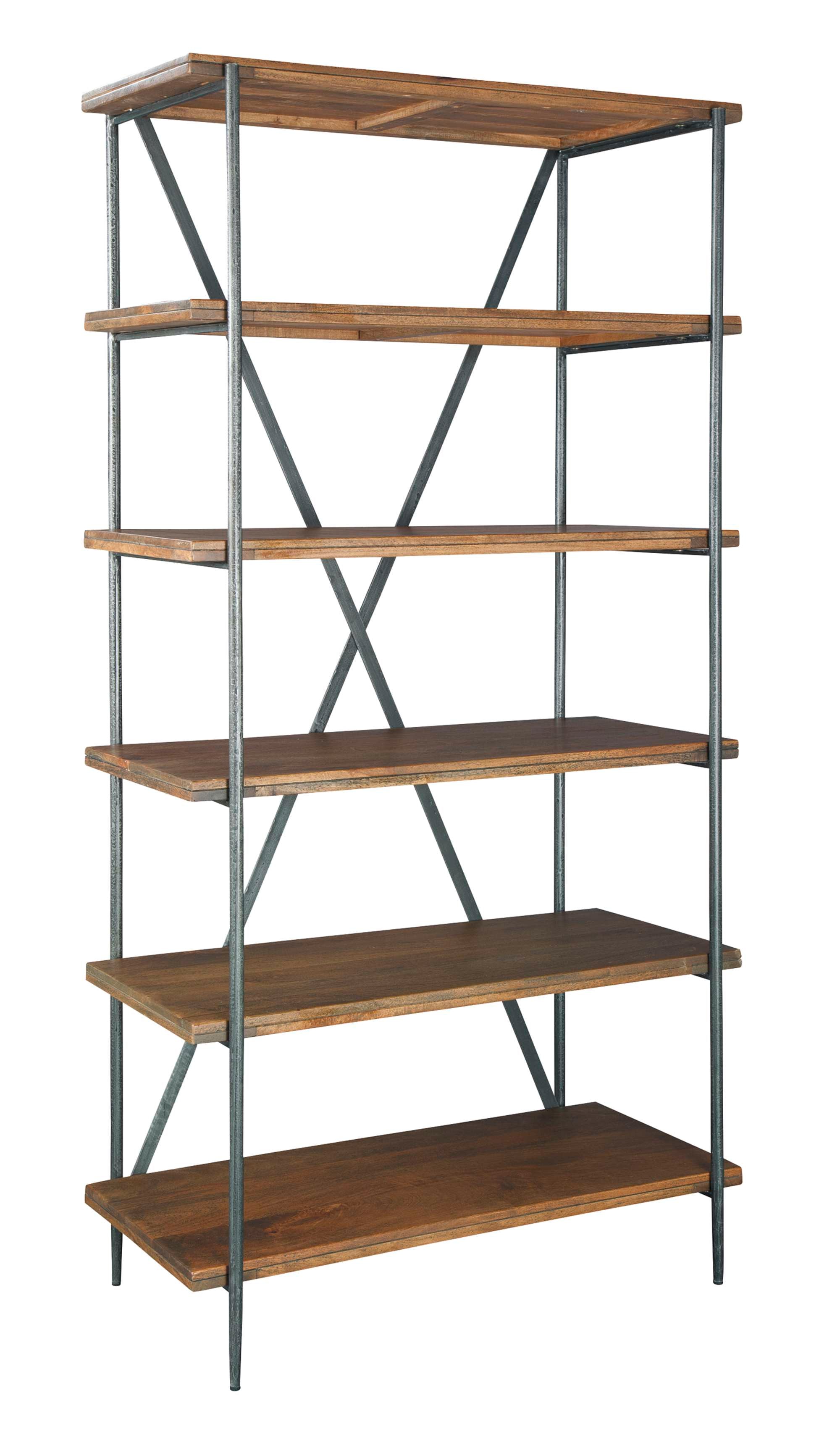 Bedford Park open shelving with solid mango slab top and shelves, forged iron base, Bedford finish, and industrial design