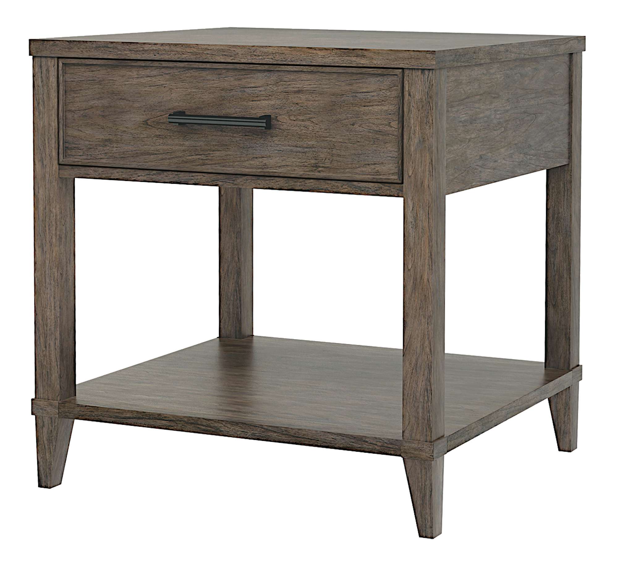 Arlington Heights end table with single drawer, slab top, fixed lower shelf, mindi wood, and dark antique brass handle