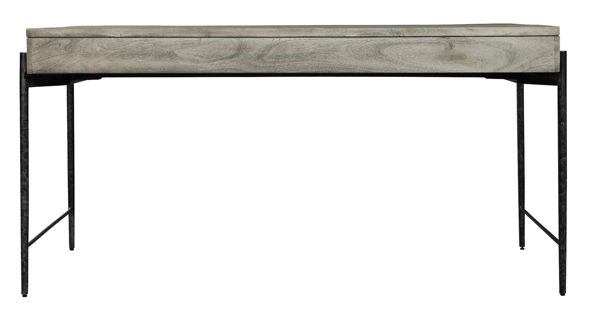 Contemporary desk with gray wood surface, raised edges, and slim black metal legs for modern office or home workspace