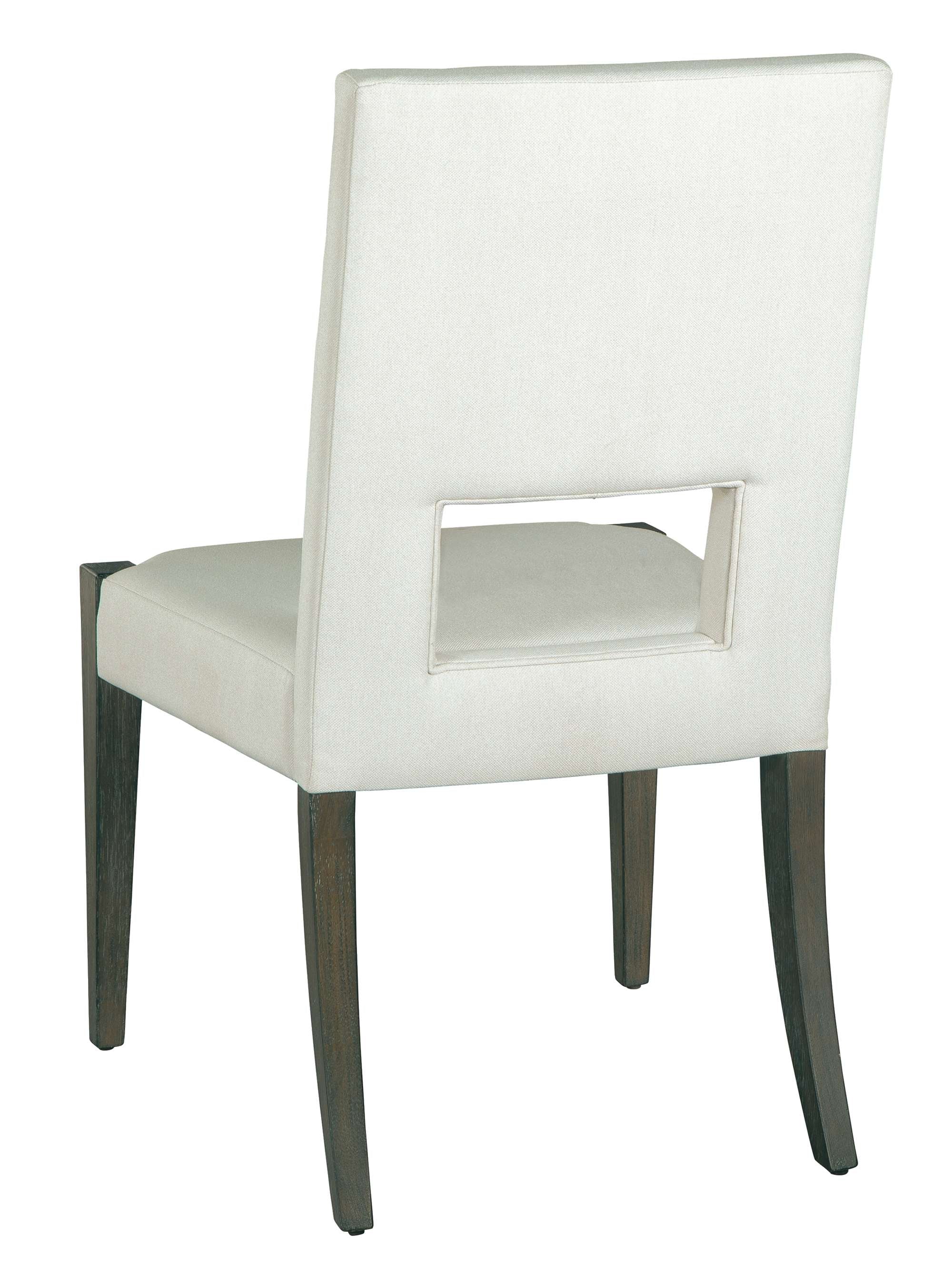 Edgewater upholstered side chair with oak veneer legs, linen seat and back, and open back panel detail
