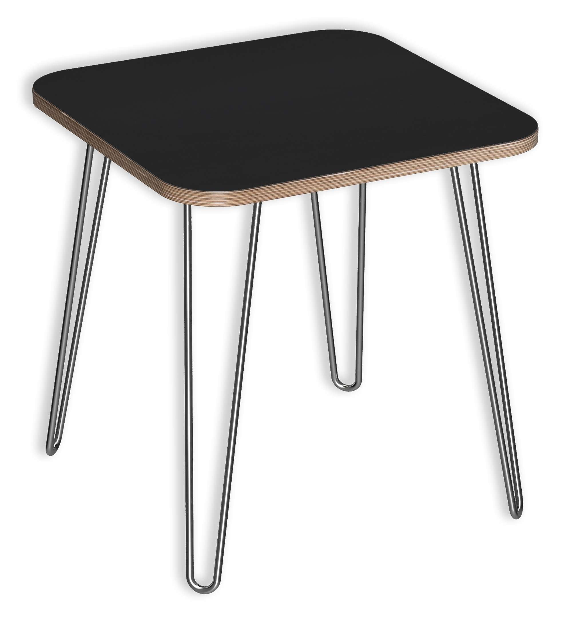 Square end table with matte black multi-ply wood top and sleek metal hairpin legs in modern design