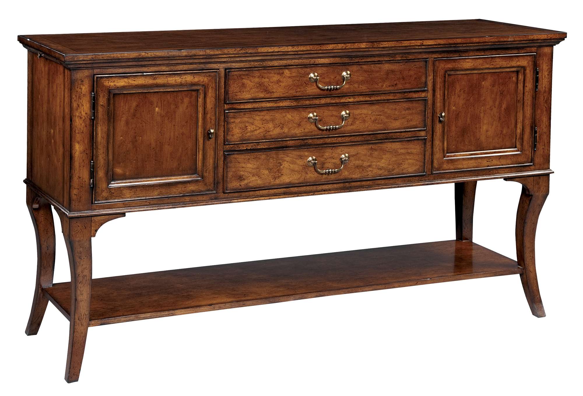 European Legacy dining buffet in macadamia finish with American cherry veneers, two doors, three drawers, and lower shelf