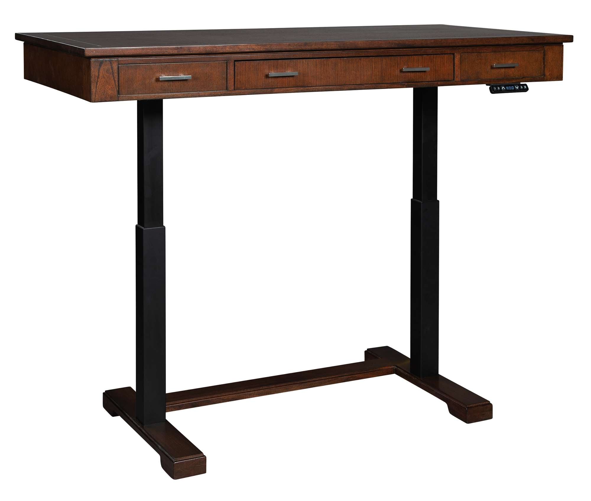 Mocha adjustable height desk with Mindi wood veneer top, two faux drawers, and black metal legs for ergonomic workspaces