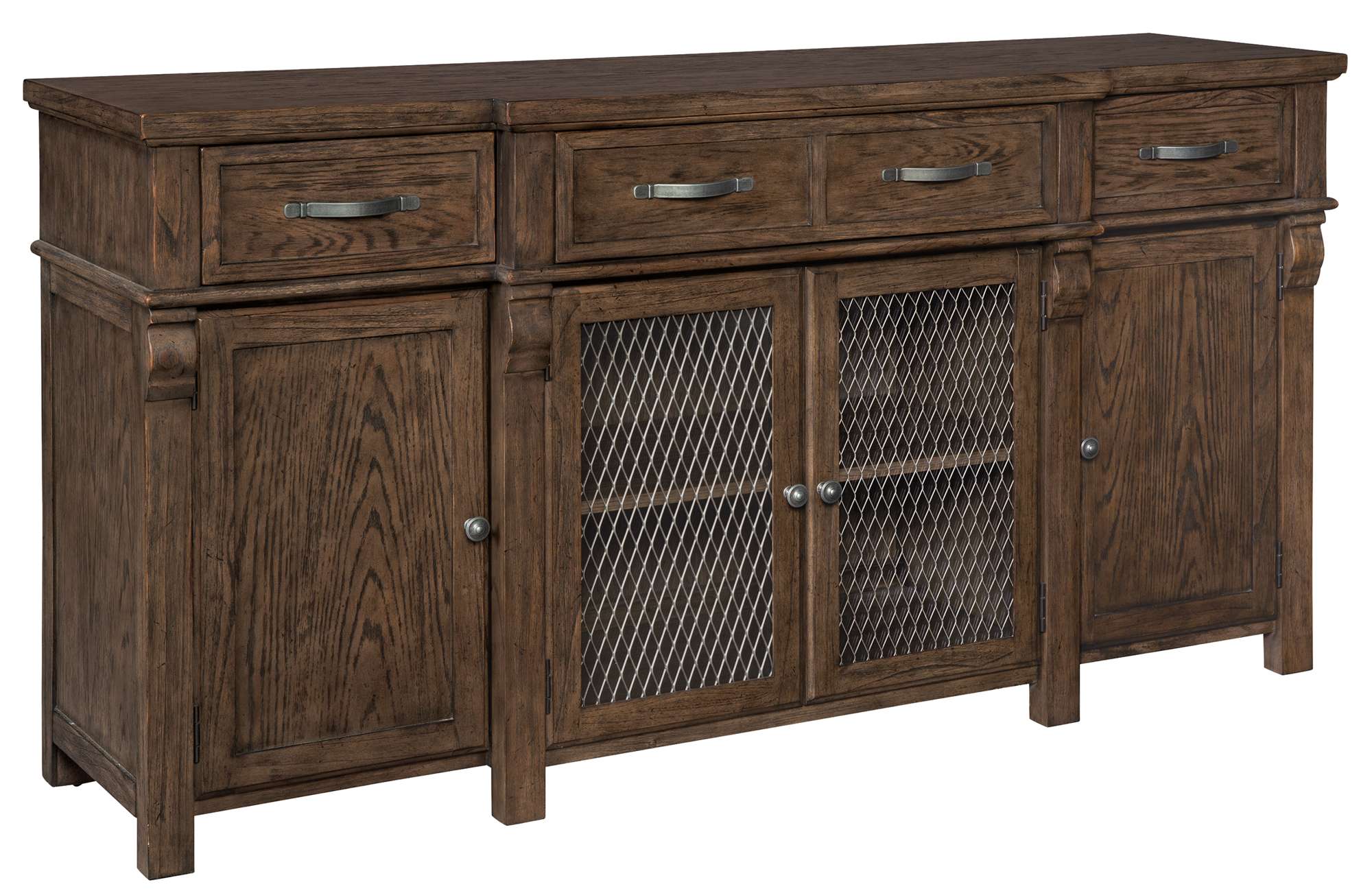 Wexford Dining Buffet with oak veneer and mindi solids, cantilevered drawers, 4-1/2" corbels, and wire mesh cabinet doors