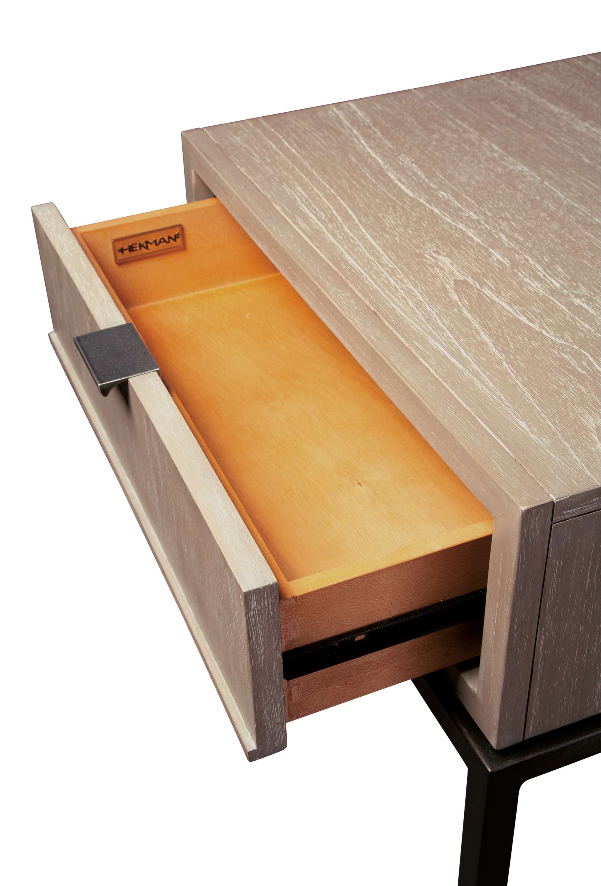 Scottsdale end table with mindi veneers and solids, single drawer, aged iron pull, and square aged iron legs