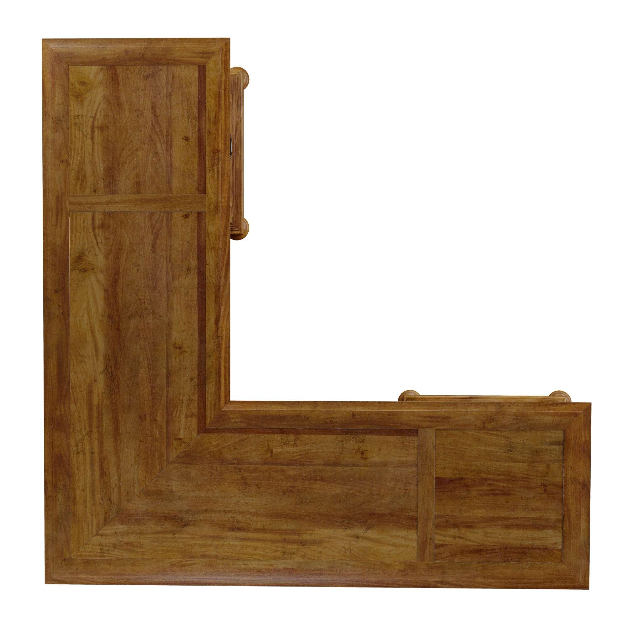 Wellington Hall Office executive L-shape desk with acacia veneer top, solids, drawers, and pull-out keyboard tray