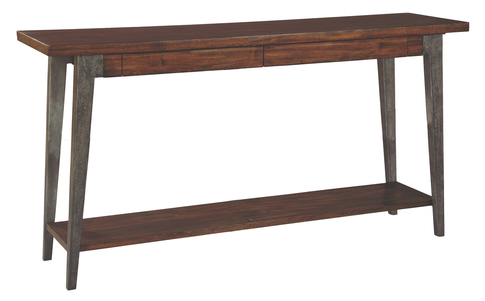 Monterey Point sofa table with 1.5" acacia veneer top, tapered forged metal legs, two drawers, and bottom shelf