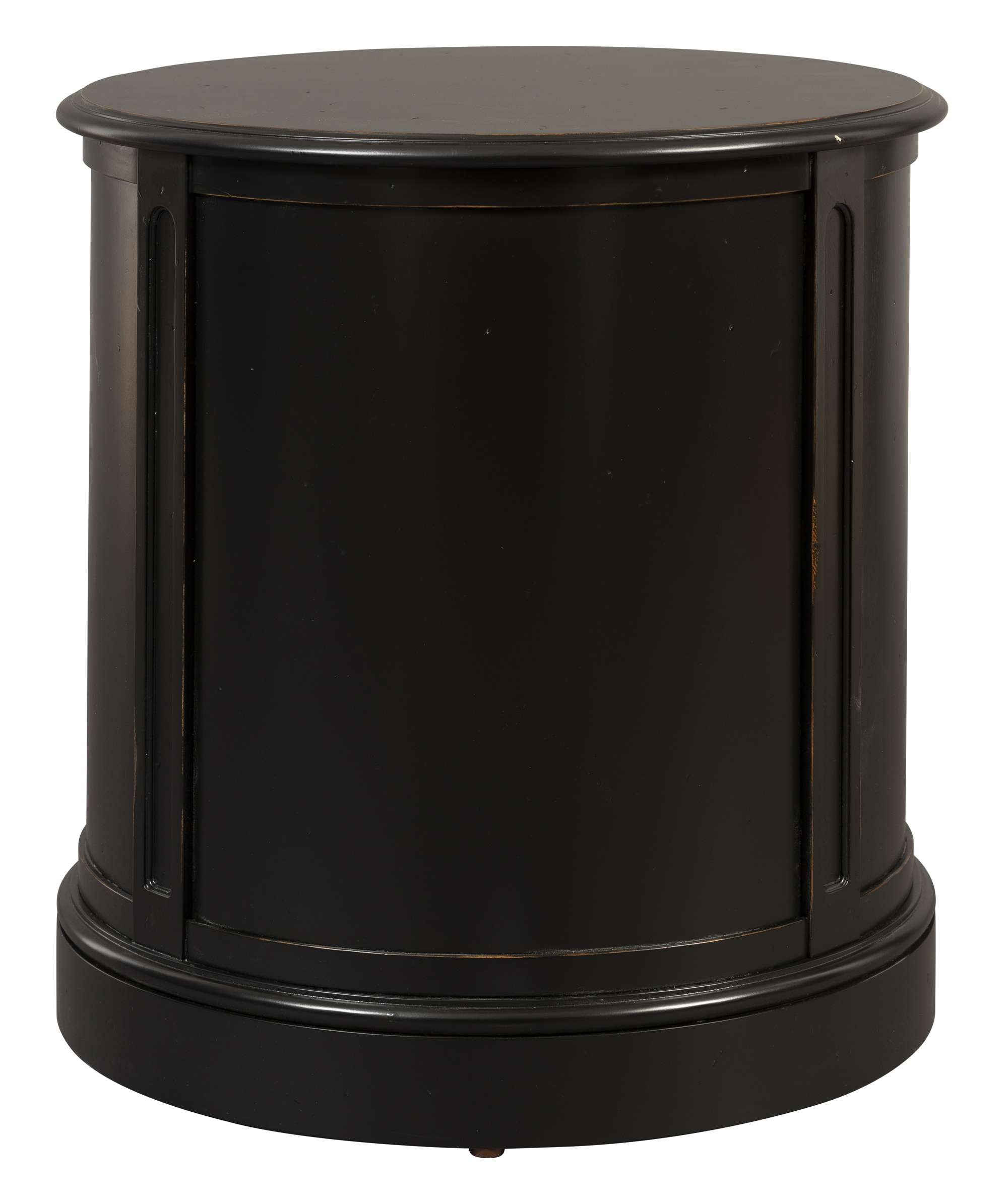 Oval drum chairside chest in Louis Philippe wood finish with three drawers and circular drawer pulls