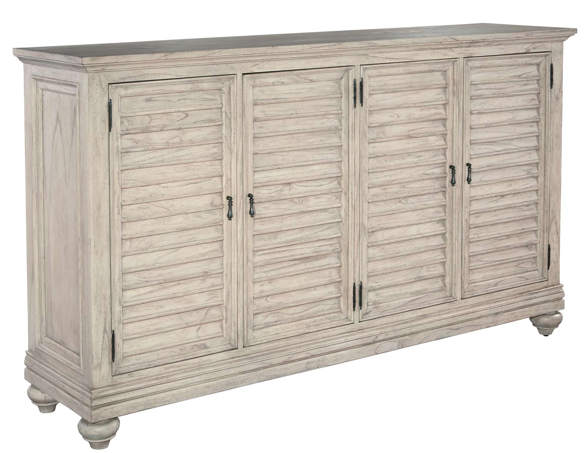 Homestead Entertainment Console with linen finish, four louvered doors, adjustable shelves, antique brass hardware, and outlet power pack