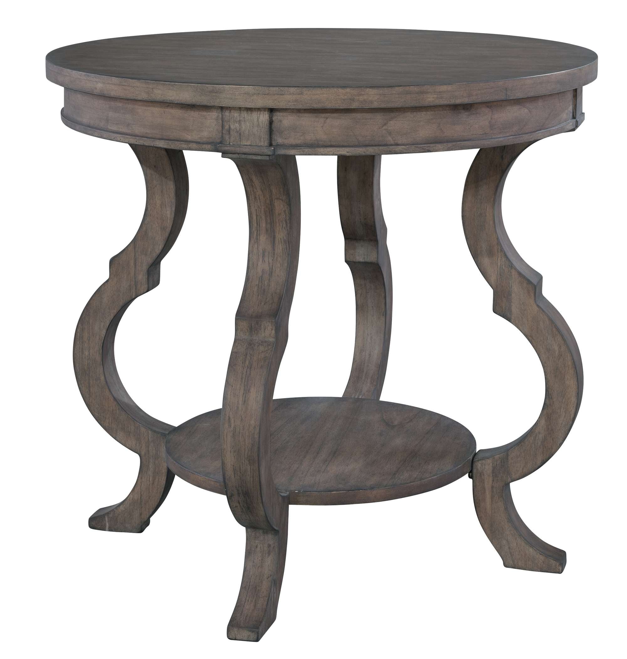 Lincoln Park round end table with select solids and veneers, curved legs, lower shelf, and weathered wood finish