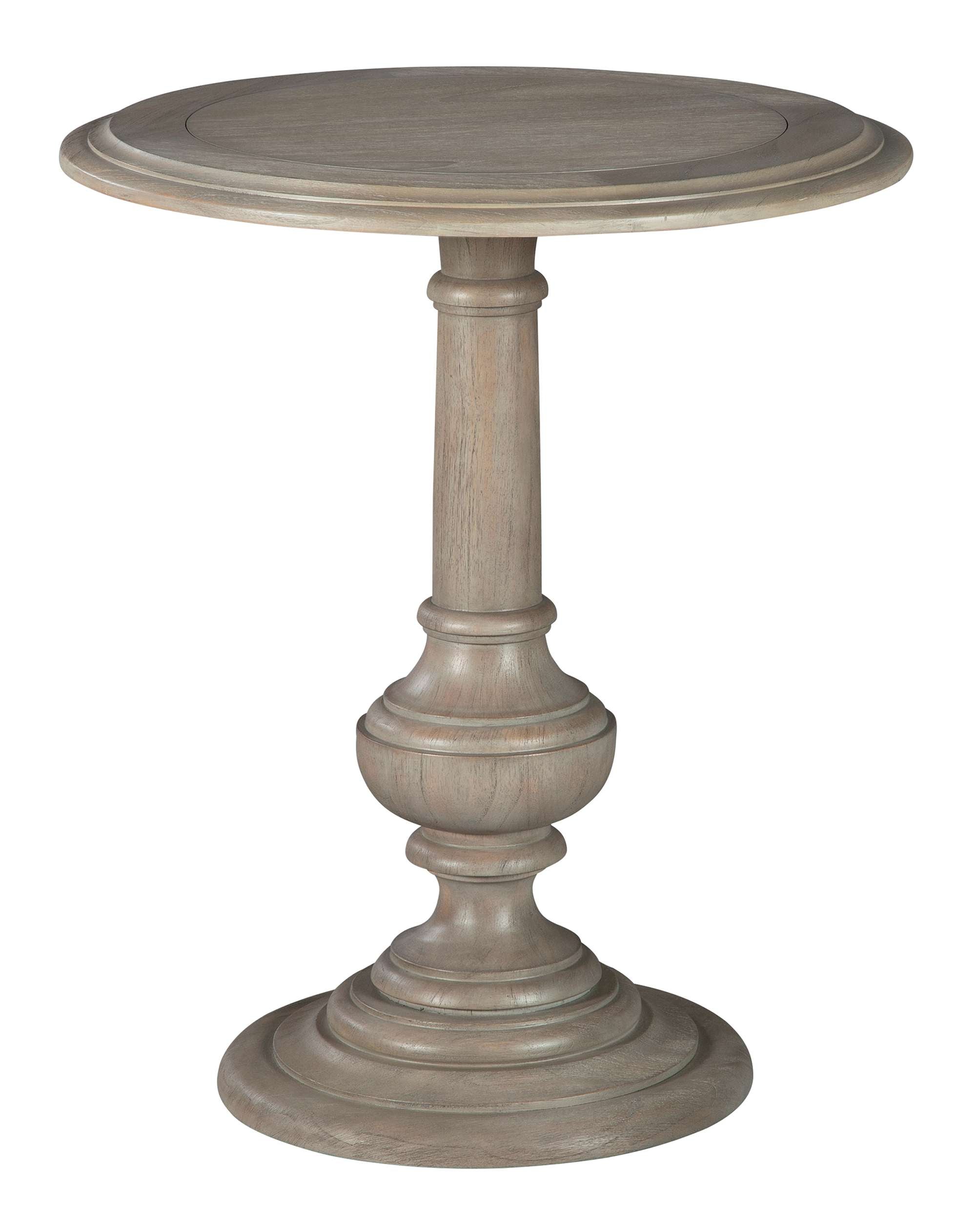 Wellington Estates end table with round top, tapered pedestal, urn turning, driftwood finish, and mindi veneers