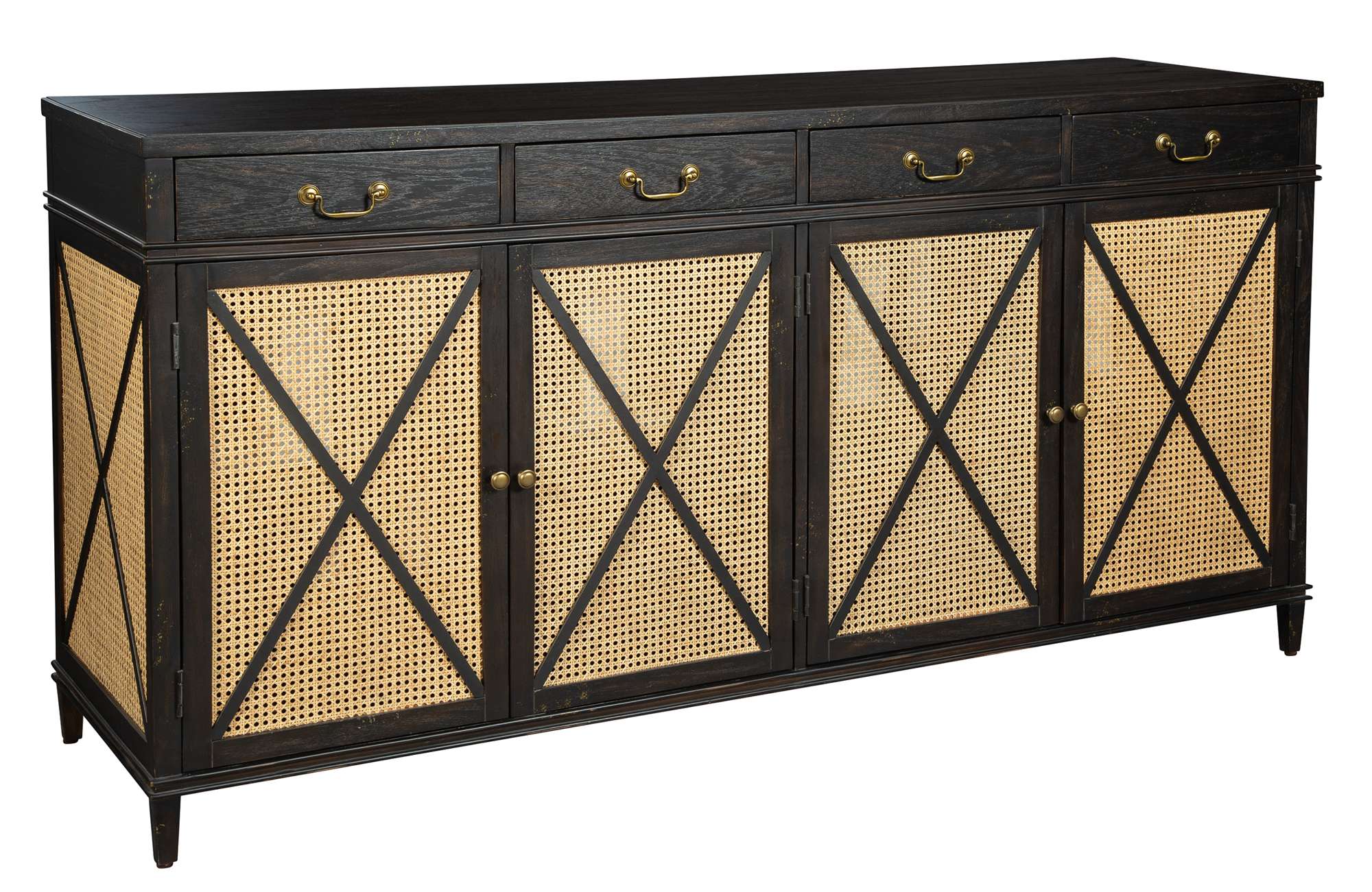 Entertainment console with select wood solids, handwoven cane panels on doors and sides, and four top drawers with hardware