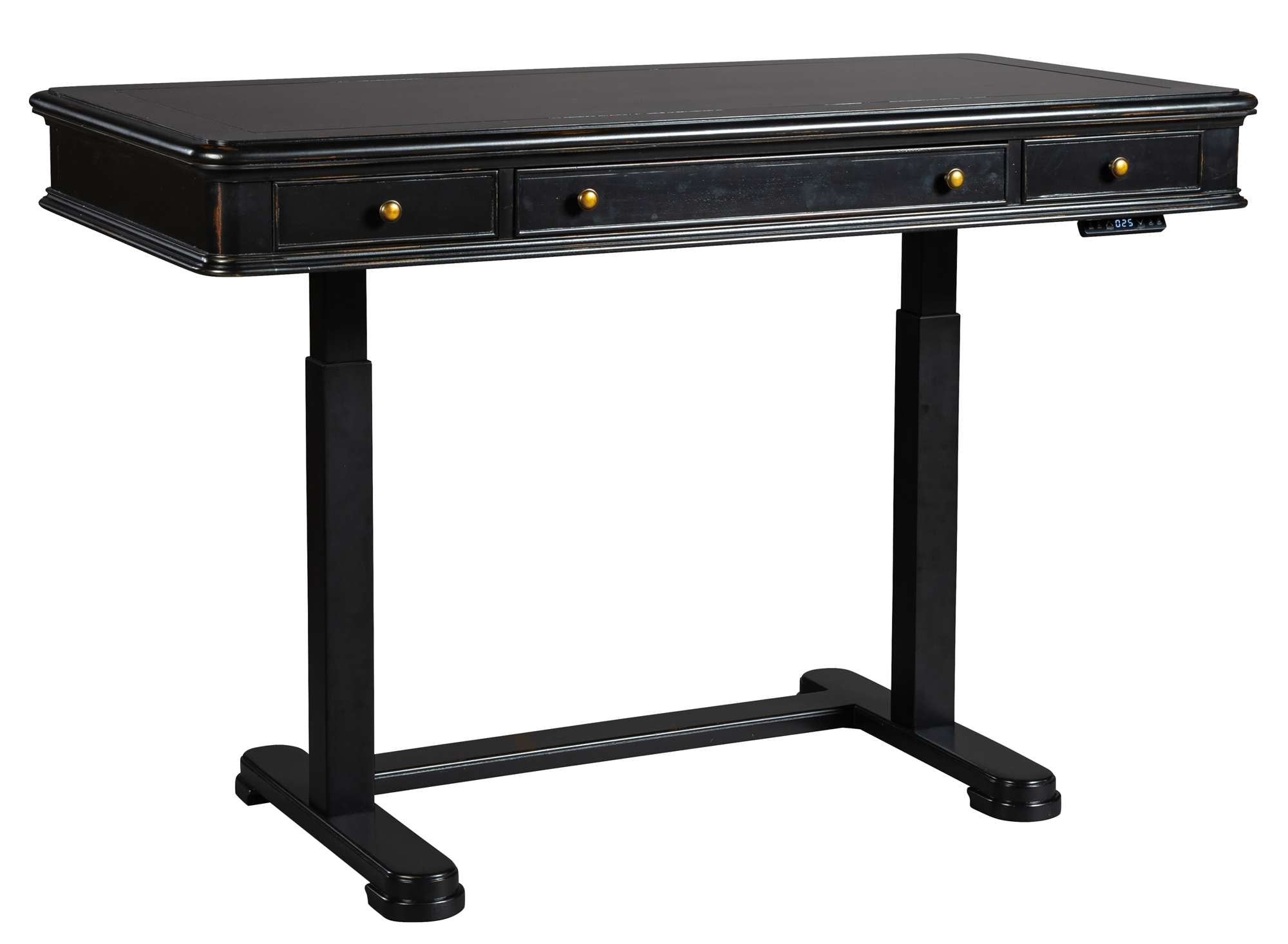 Louis Philippe adjustable height desk with distressed hardwood veneer top, three drawers, brass knobs, and black metal base