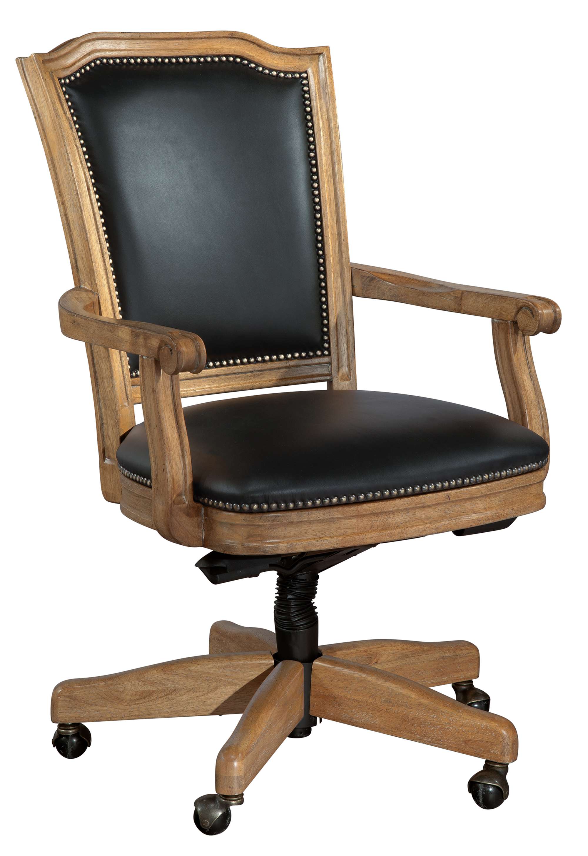 Wellington Hall office chair with black leather upholstery, antique brass nailhead trim, wood frame, and five-point caster base