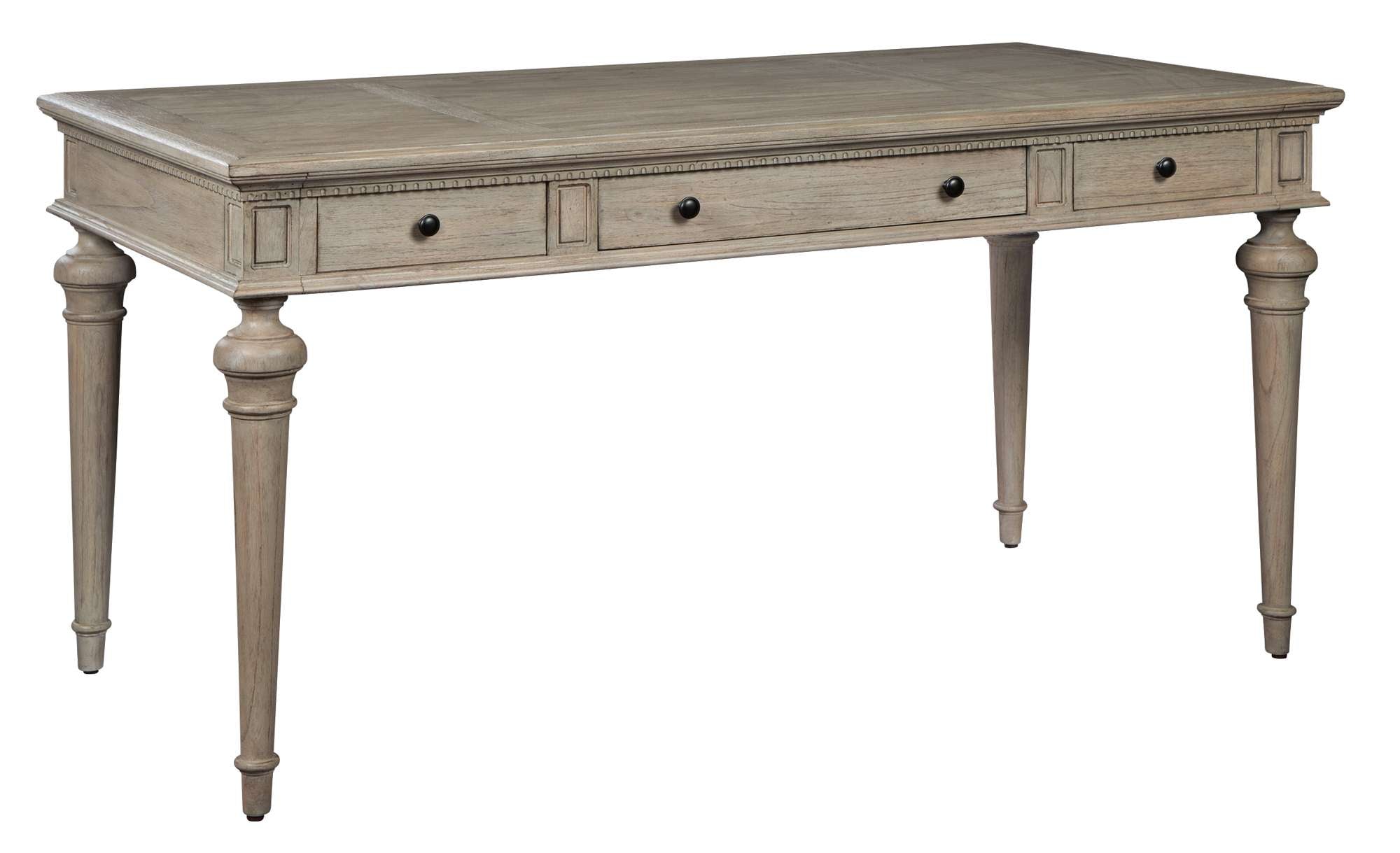 Wellington Estates office desk with mindi veneers, drop front center drawer, faux drawers, antique brass hardware, and tapered legs