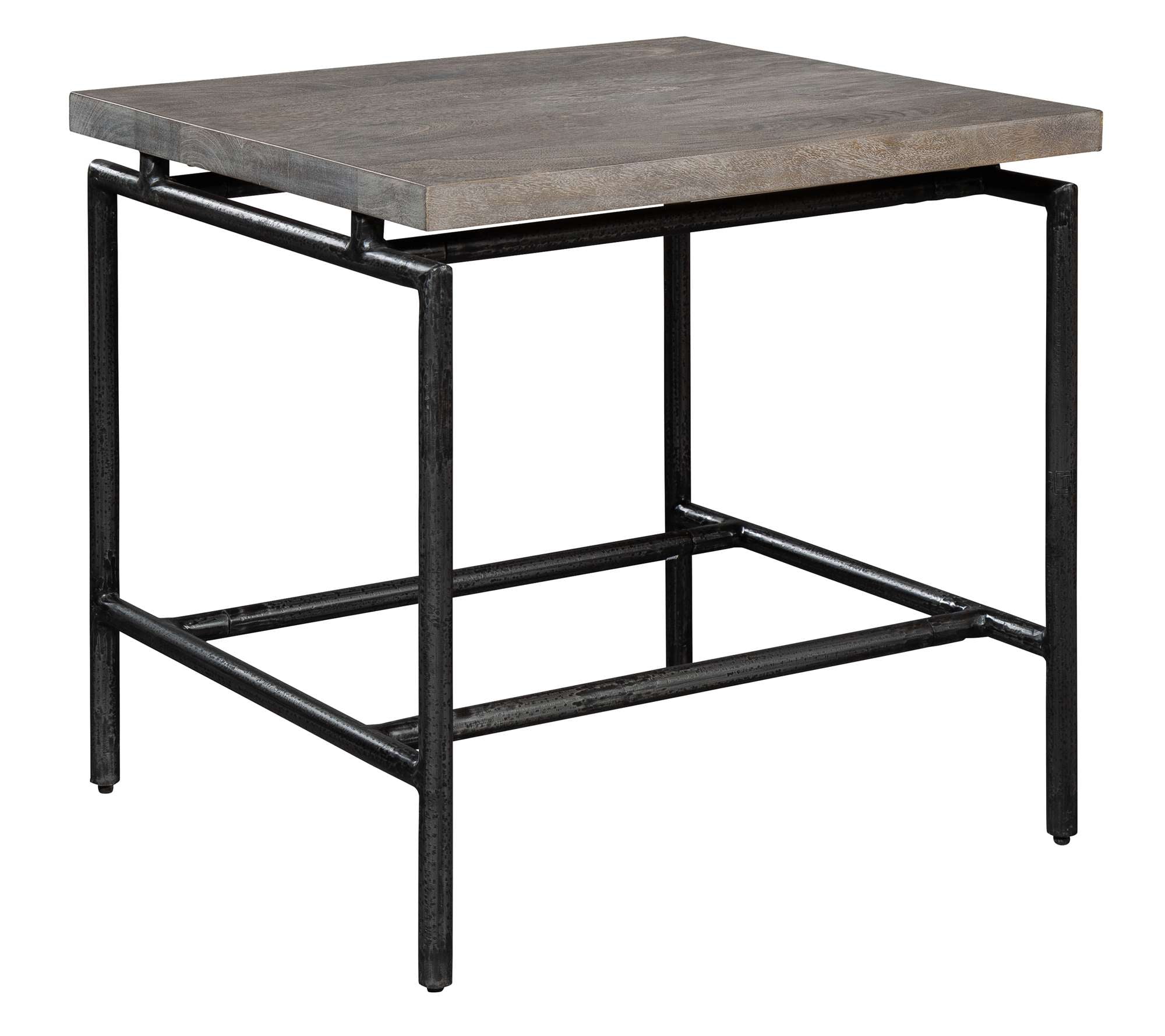 Sedona End Table with aged solid mango slab top and round iron legs connected by iron stretchers in oil-rubbed finish