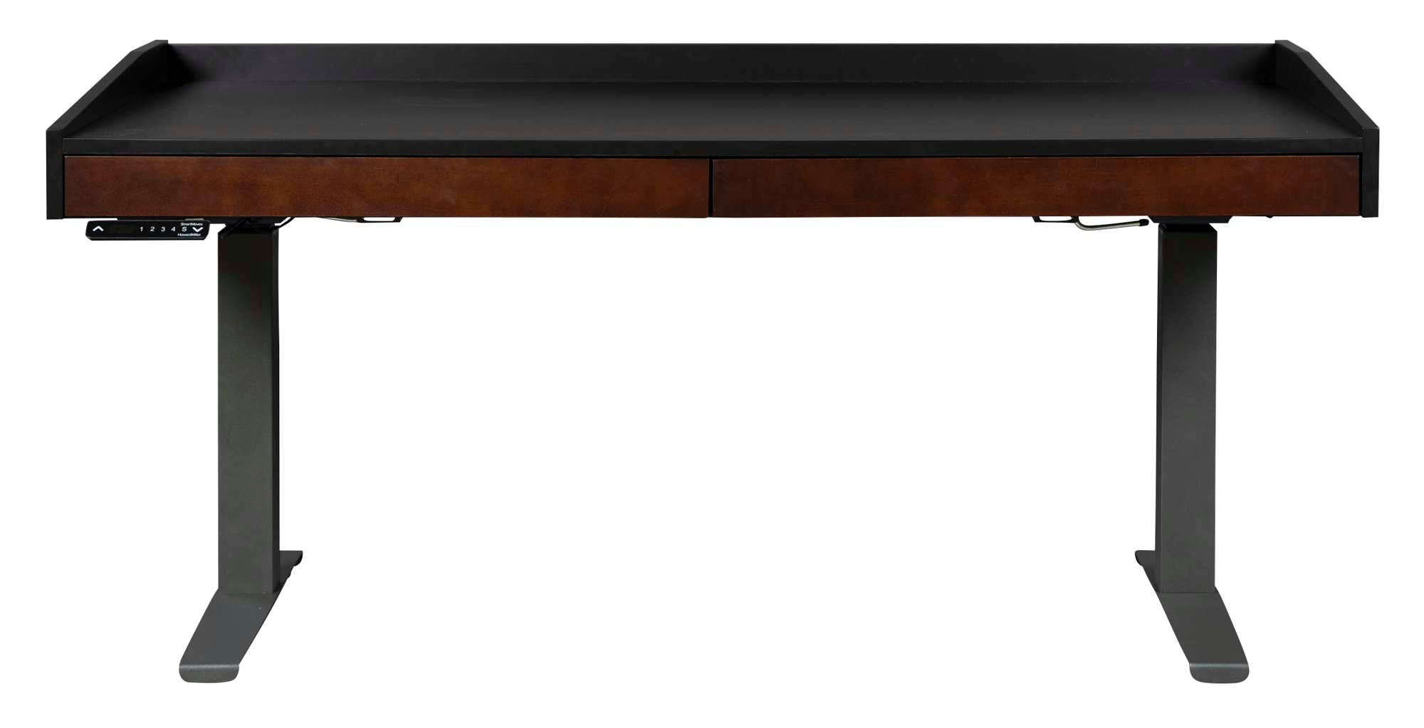 Custom adjustable height desk with select wood solids and veneers, two front drawers with metal slides, and black metal legs