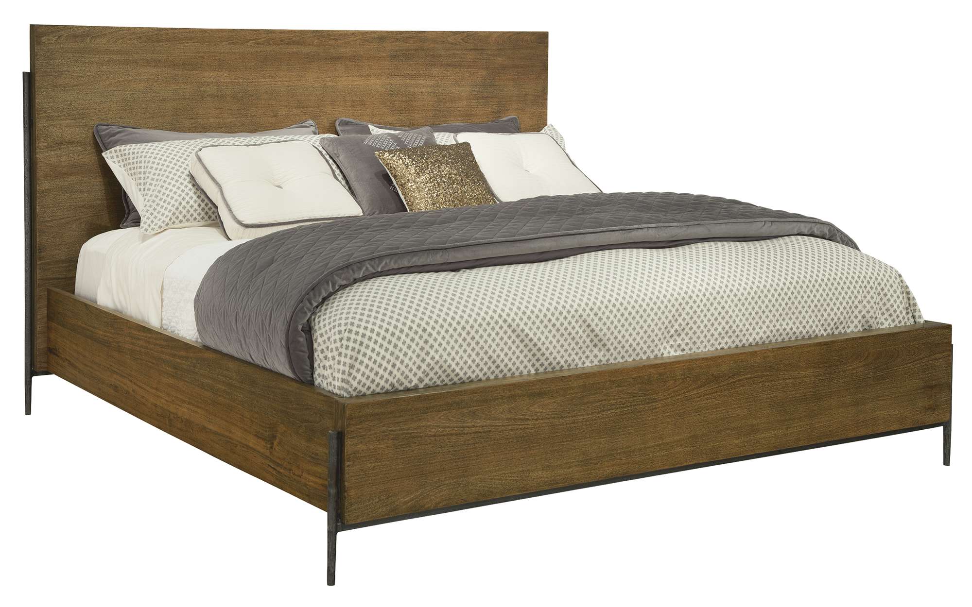 Bedford Park California King Panel Bed with solid mango wood frame, forged iron base, and adjustable bed rails