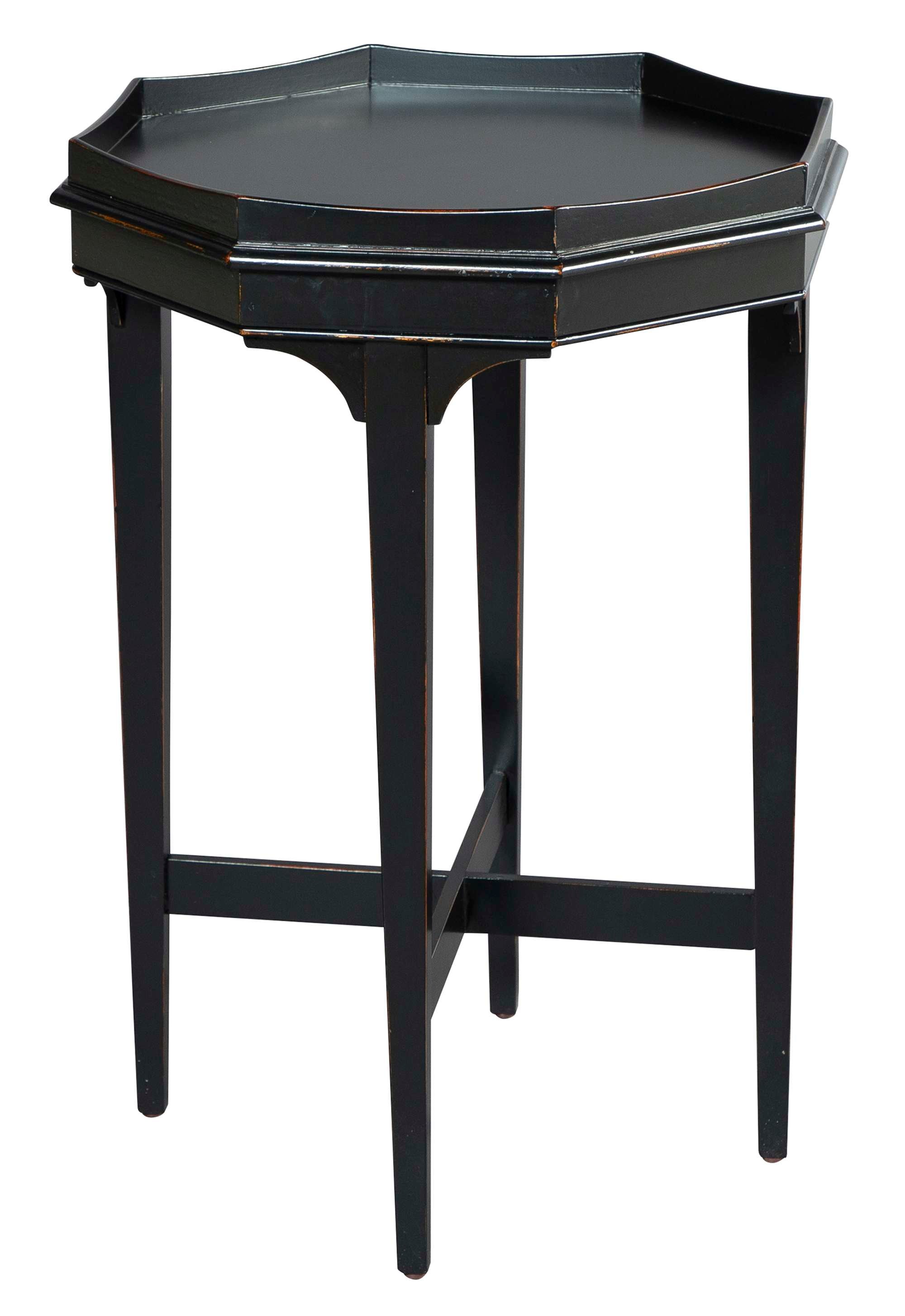 End table with octagon shaped top, X-stretcher base, Louie Philippe Black wood finish, select solids and veneers