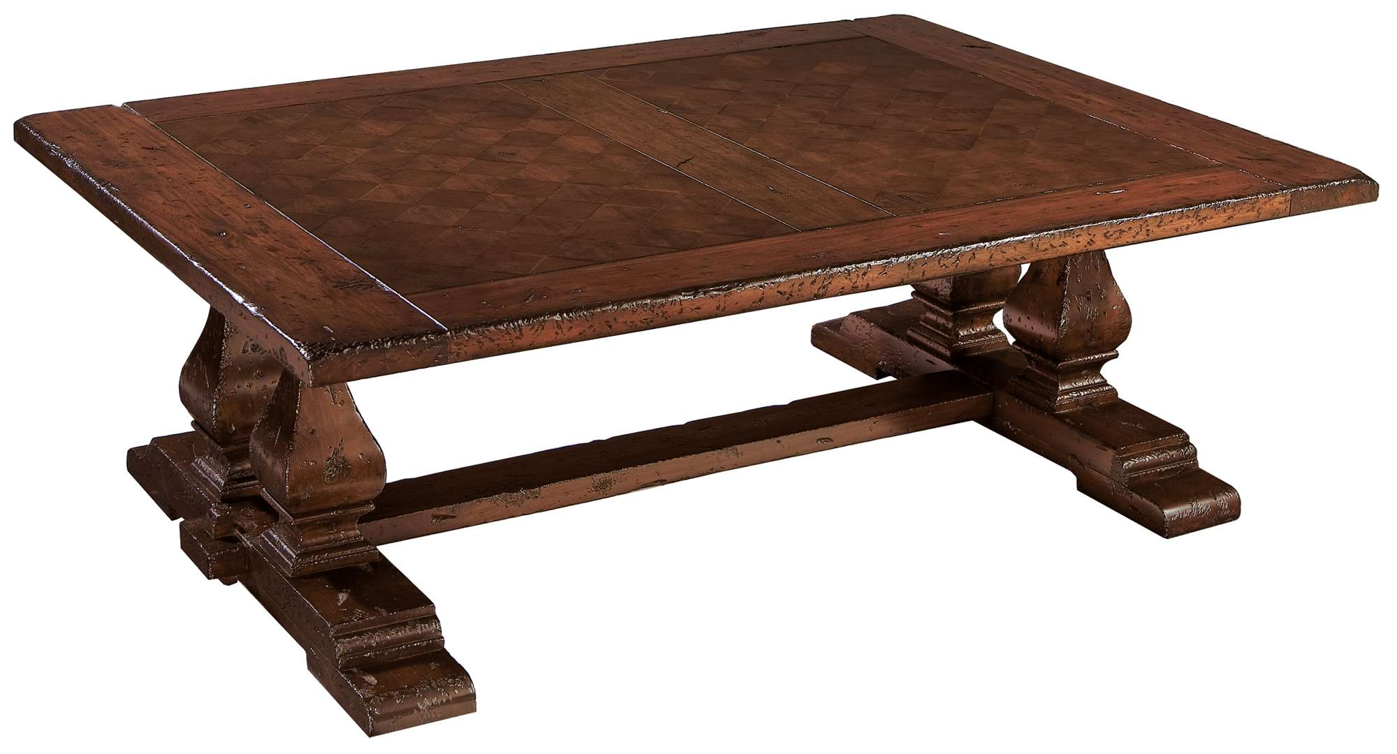 Havana Servant coffee table with mahogany solids and veneers, antique finish, diamond match veneer top, and stretcher base