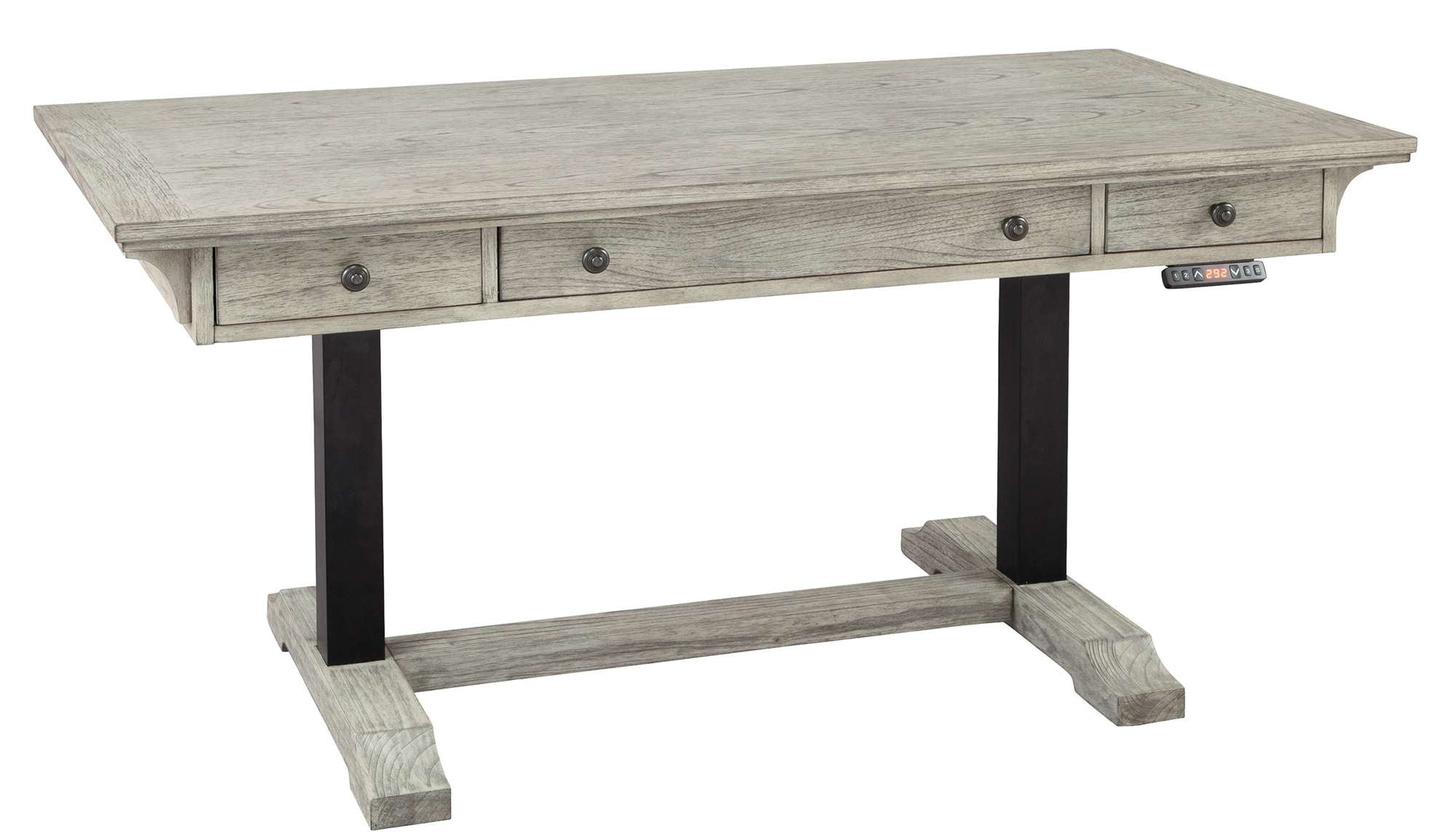 Adjustable height desk with mindi veneer and solid wood top, black metal base, and built-in electronic controls