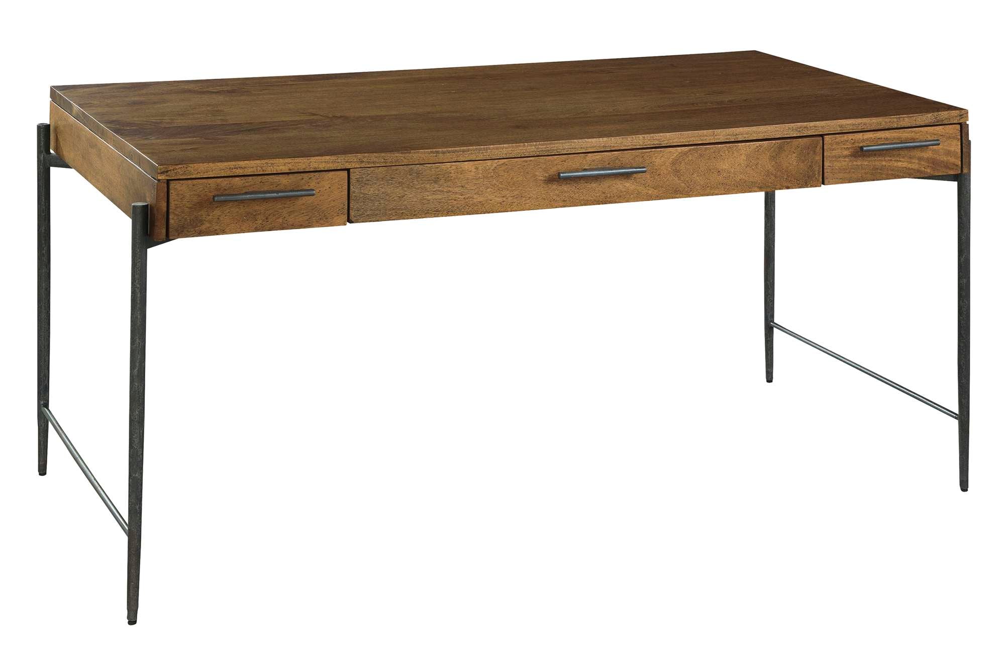 Bedford Park desk with solid mango slab top, forged iron base, three drawers including drop-down center drawer, Bedford finish