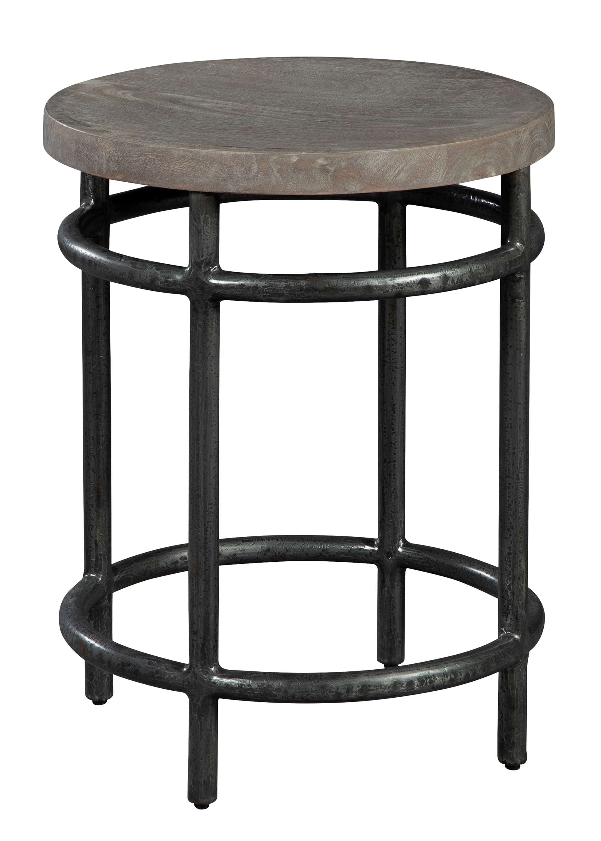 Sedona pub stool with solid mango wood slab top, aged Sedona finish, and round iron legs with circular stretchers