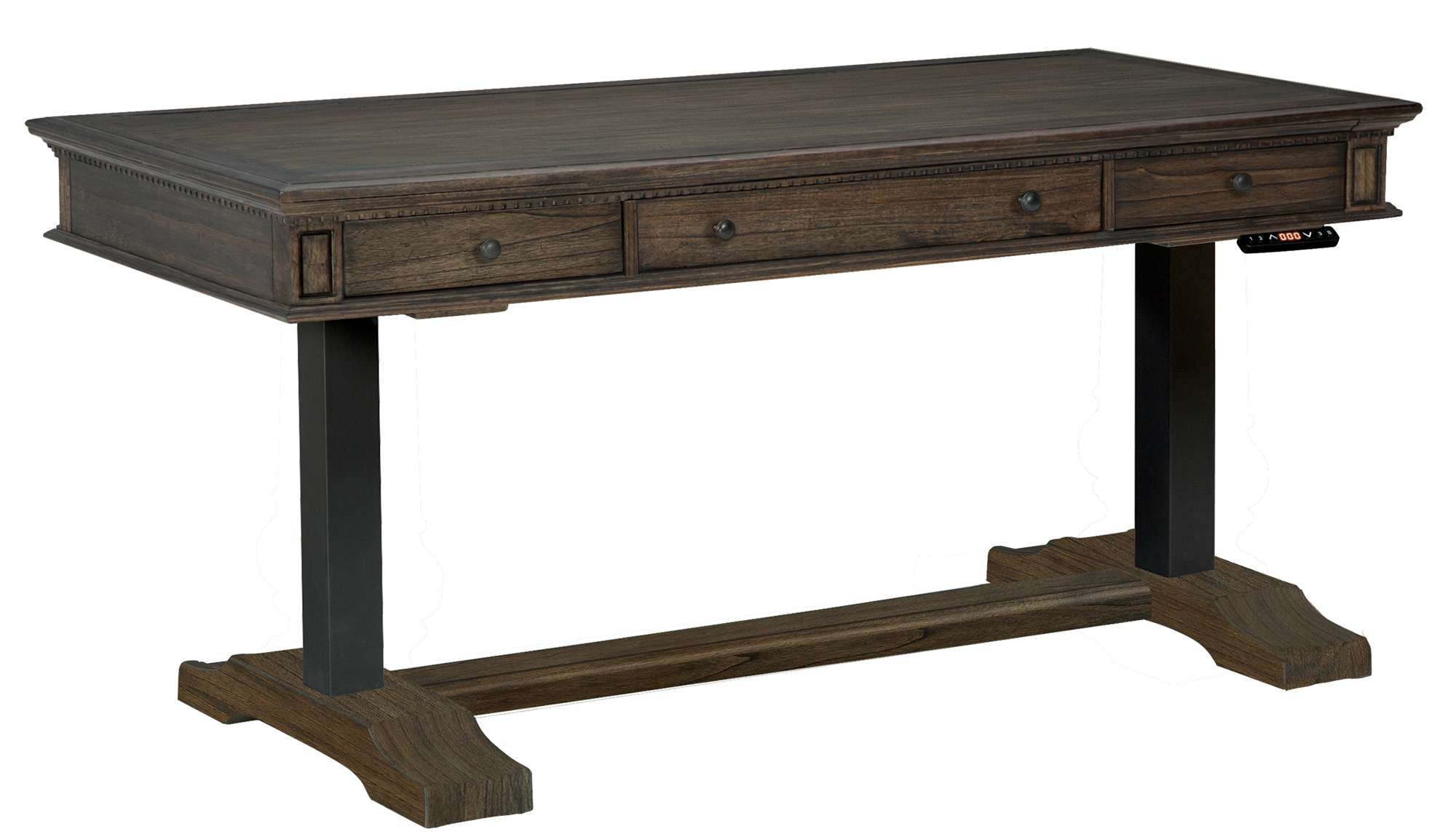 Wellington Estates office adjustable height desk with framed planked top, mindi veneers and solids, and dark wood finish