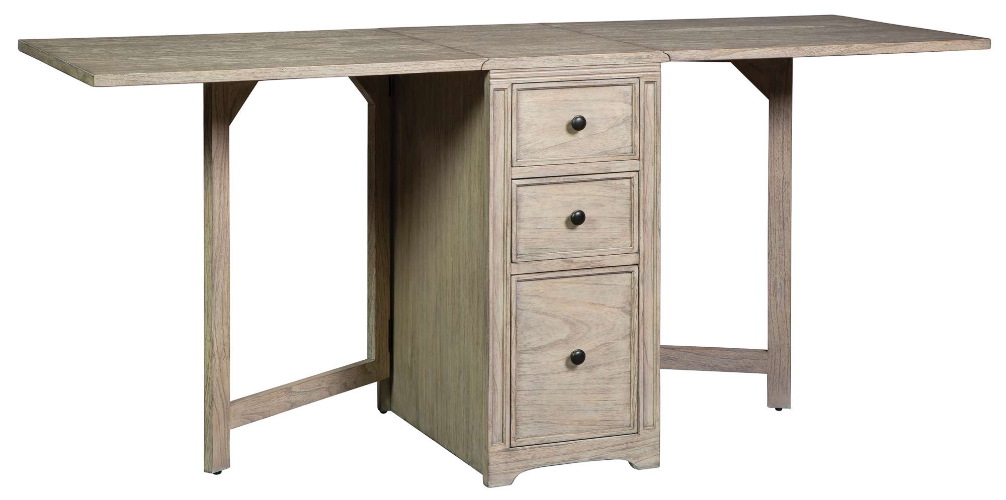 Drop leaf desk with weathered wood finish, three drawers, and file drawer for versatile workspace storage