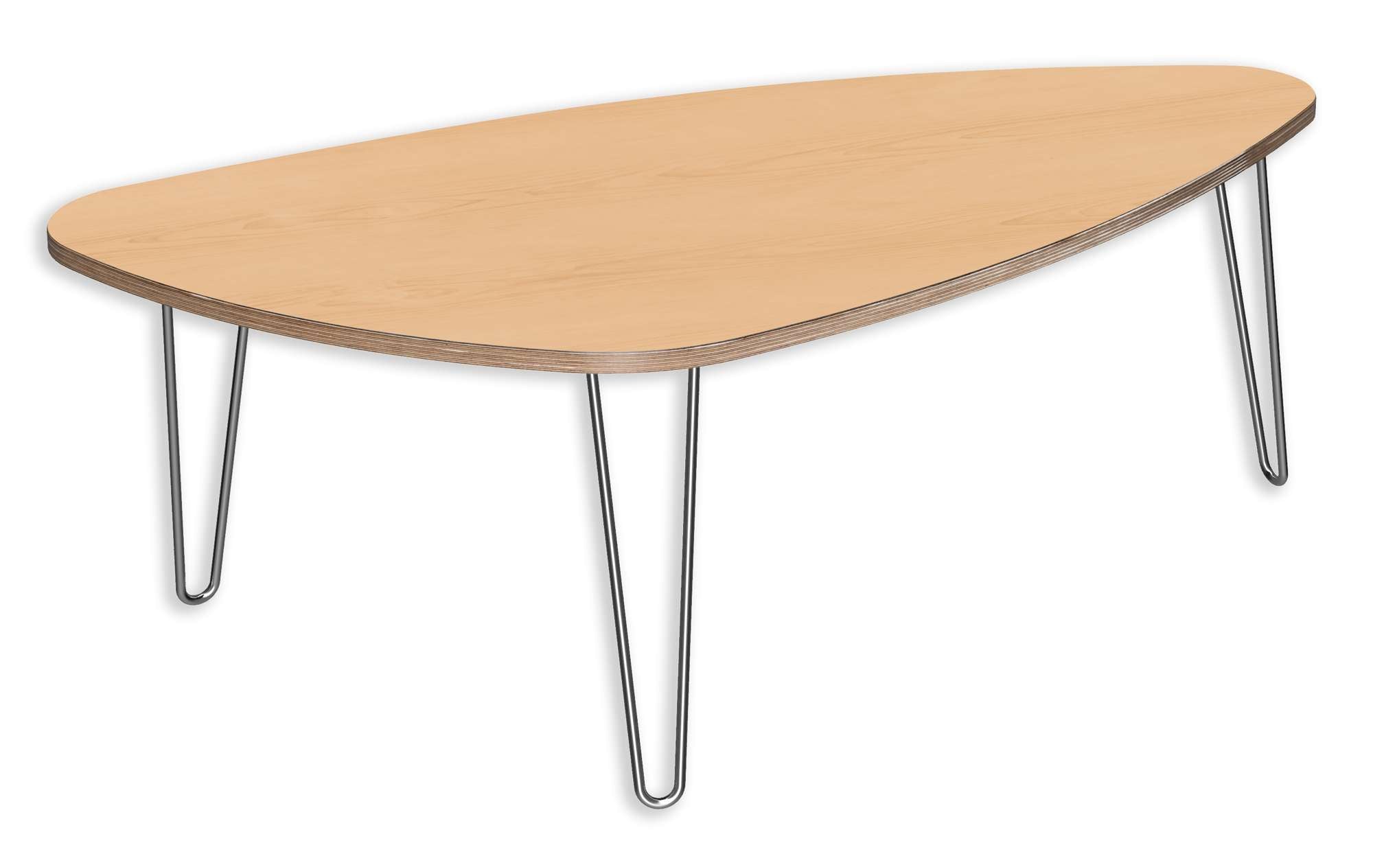 Triangle coffee table with natural maple top, mid-century multi-ply edges, and sleek metal hairpin legs