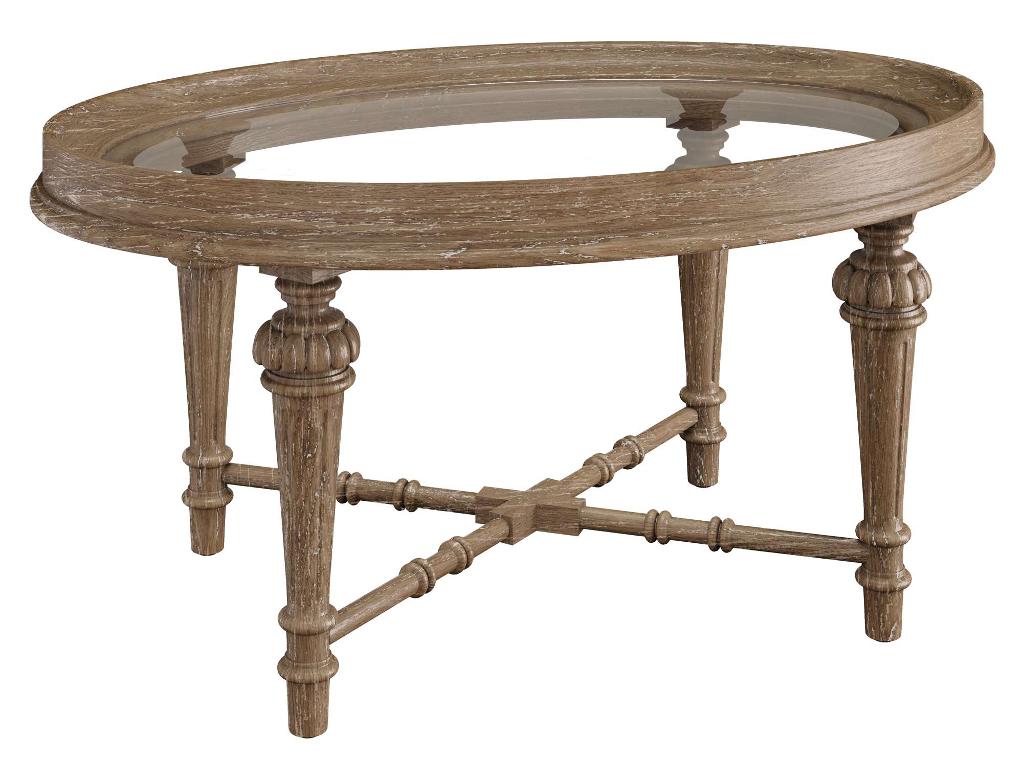 Oval Chateaux Coffee Table with wood frame and glass top, featuring ornate legs and crossbar supports in a rustic finish