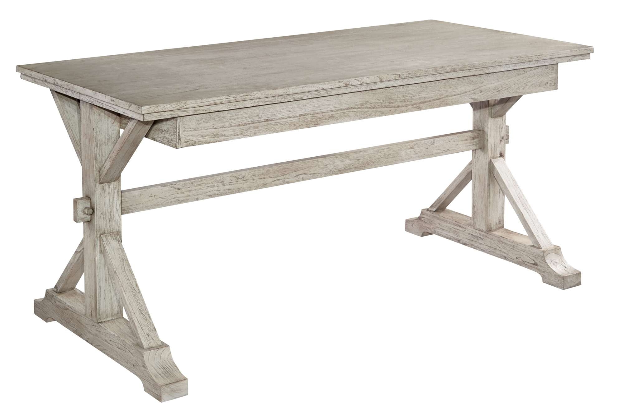 Rectangular desk with distressed grand junction finish, solid mindi wood construction, and sturdy trestle base design