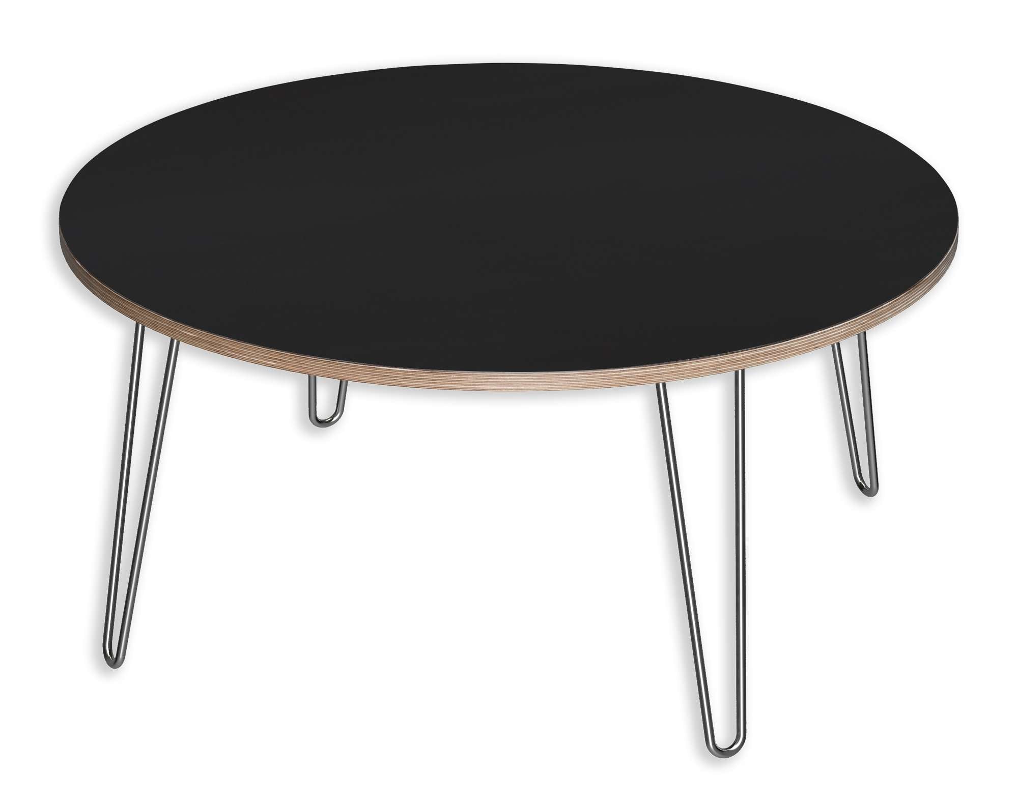 Round coffee table with matte black DesignerPly top, mid-century multi-ply edges, and four thin black hairpin legs