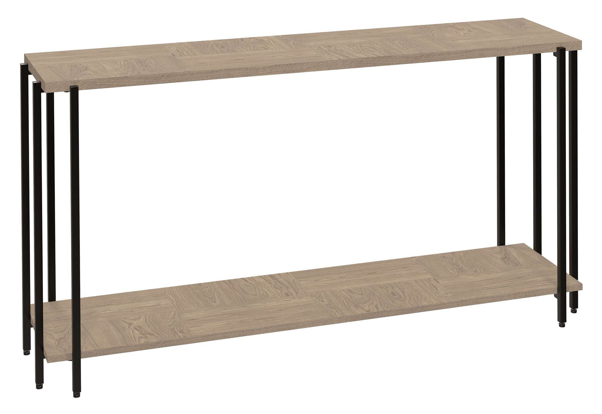 Rectangular Mayfield sofa table with parquet veneer top and bottom shelf, supported by slim black metal legs