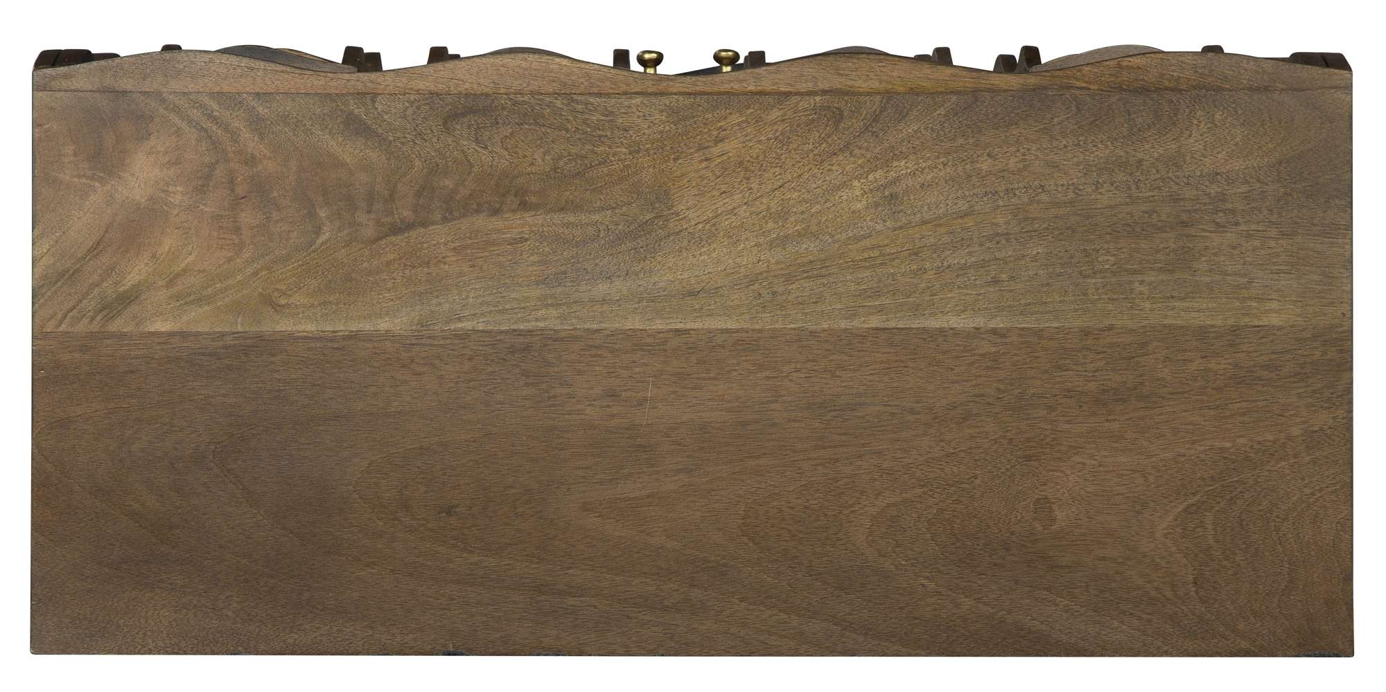 Top view of mango wood accent chest with beveled glass panels, brass powder-coated iron pulls, and tapered legs