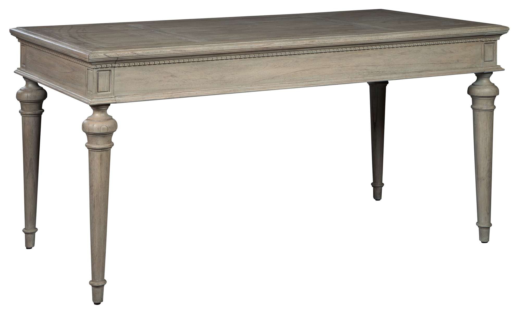 Wellington Estates office desk with mindi veneers and solids, tapered legs, turned tops, and rustic antique brass hardware