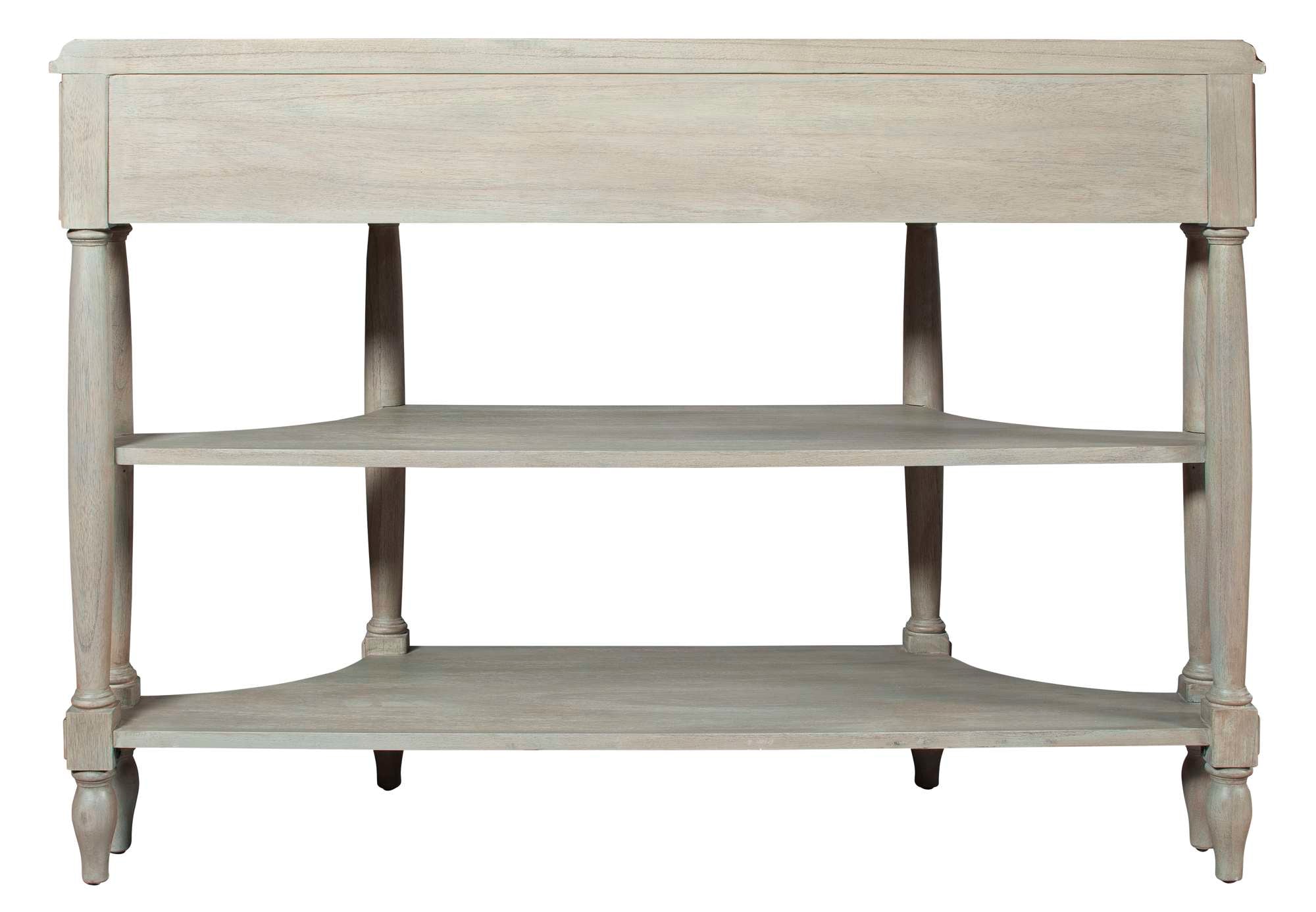 Decorative sofa table with subtle Georgian curves, round-turned legs, center drawer, faux side drawers, and two lower shelves