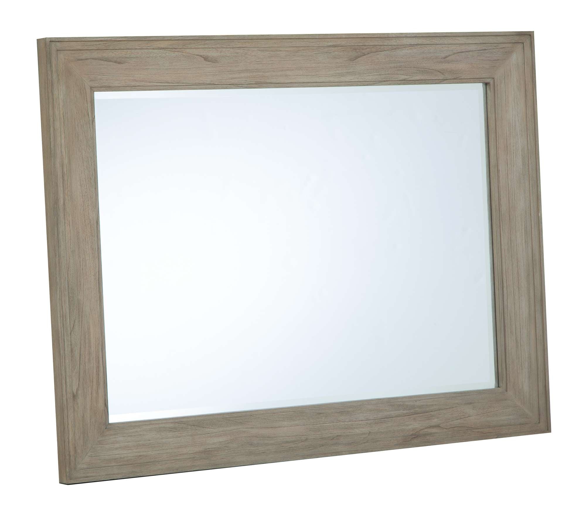 Wellington Estates mirror with beveled glass, mindi veneers and solids, solid wood frame, and driftwood finish
