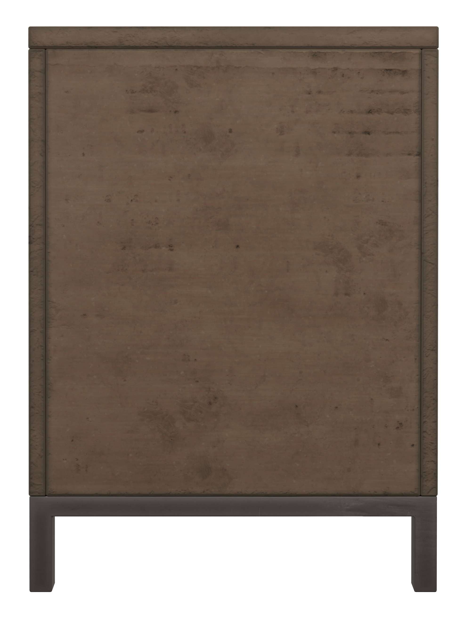 Organic Living Accent Chest with three drawers, reeded carved detailing, brown wood finish, and dark metal base legs