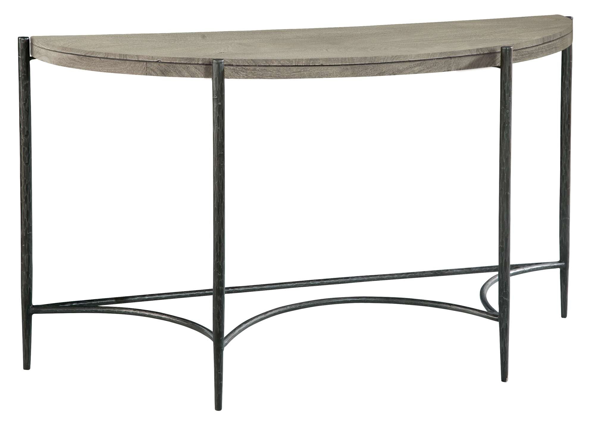Bedford Park sofa table with rough-hewn gray wood top and slender wrought iron base in rustic finish