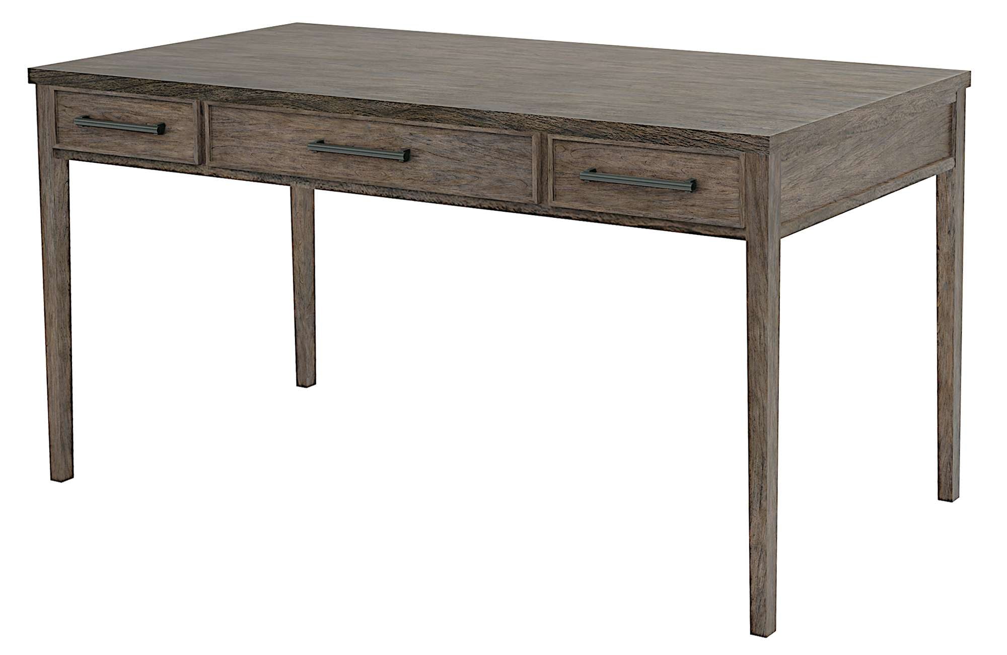 Arlington Heights wood slab top desk with three drawers, dark antique brass hardware, and tapered legs in rustic finish